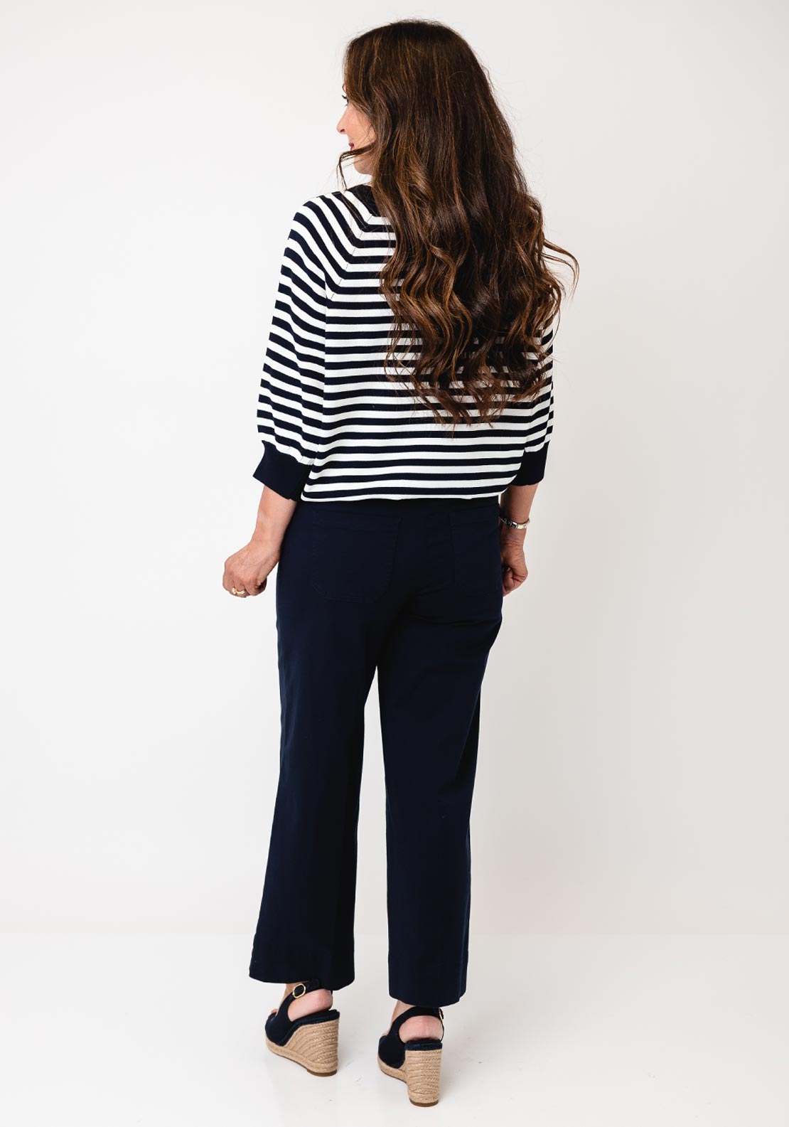 Oui Relaxed Striped with 3D Embroidered Flower Detail Top, Navy and White