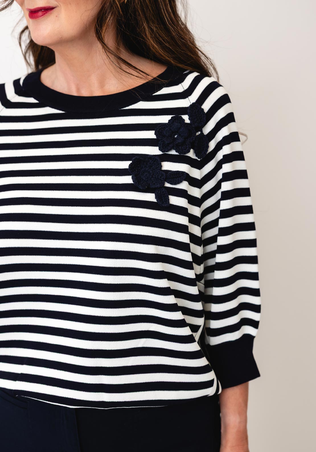 Oui Relaxed Striped with 3D Embroidered Flower Detail Top, Navy and White