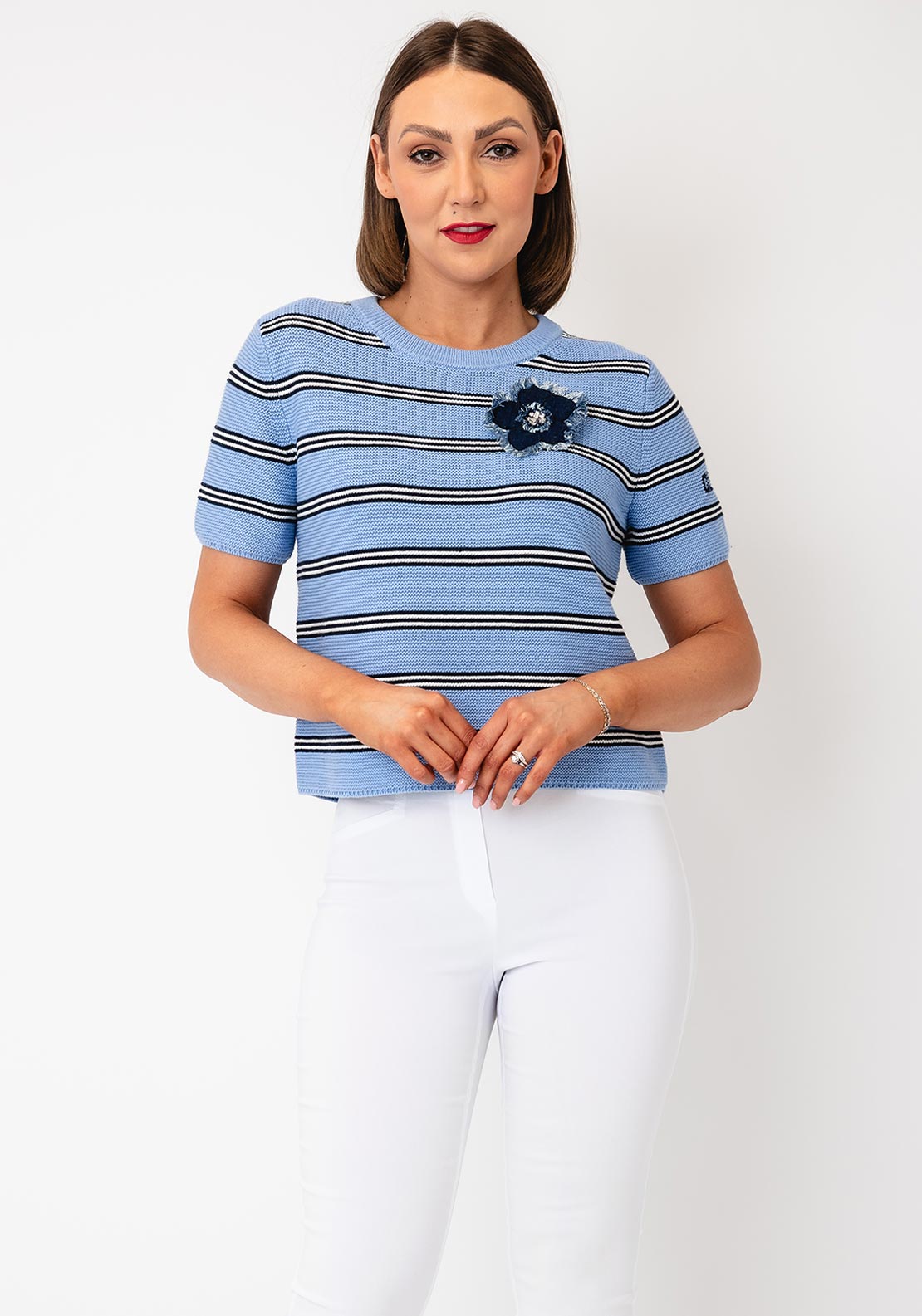 Oui Denim Brooch Striped Sweater, Blue