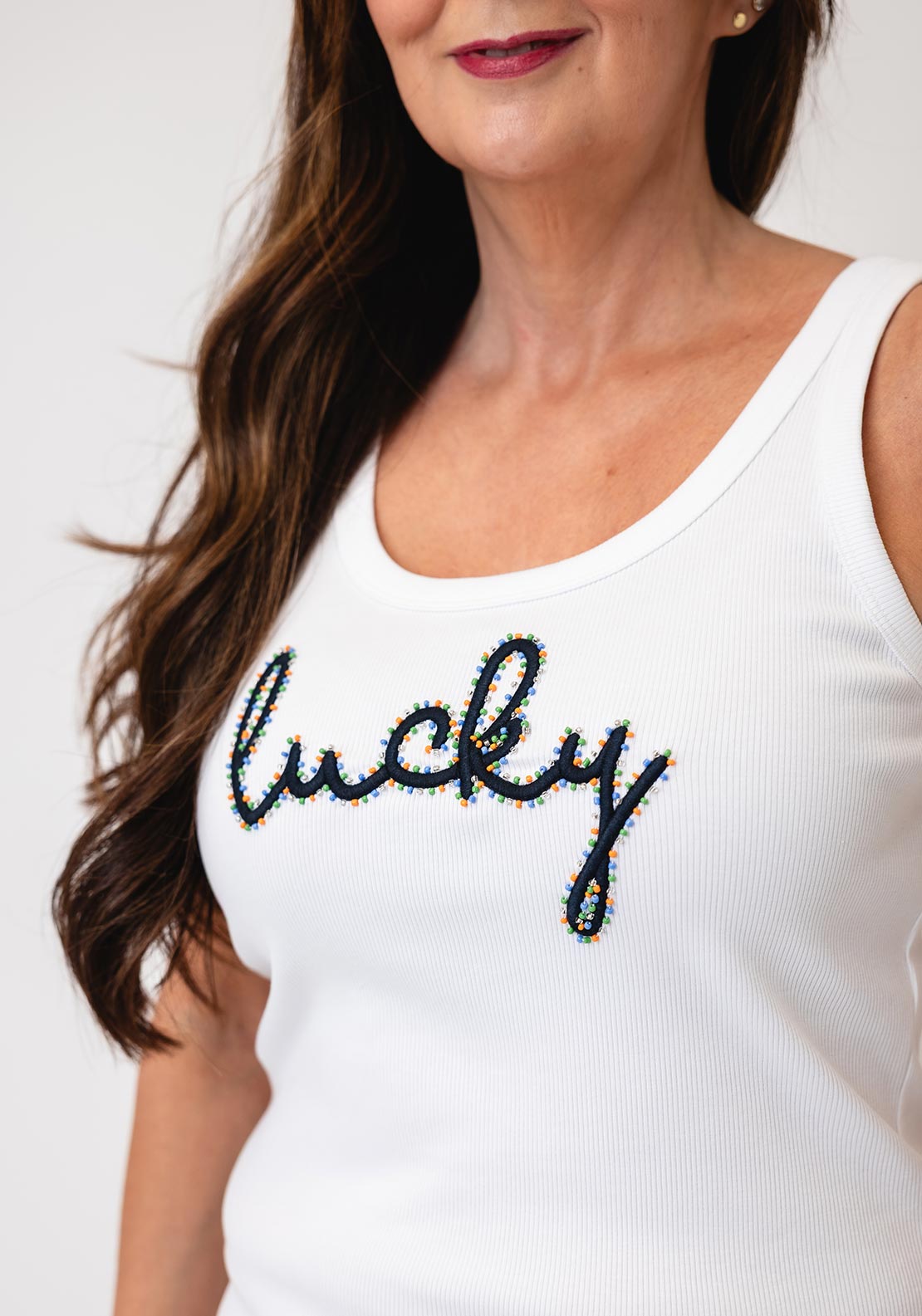 Oui Embroidered with Bead Detail Tank Top, White