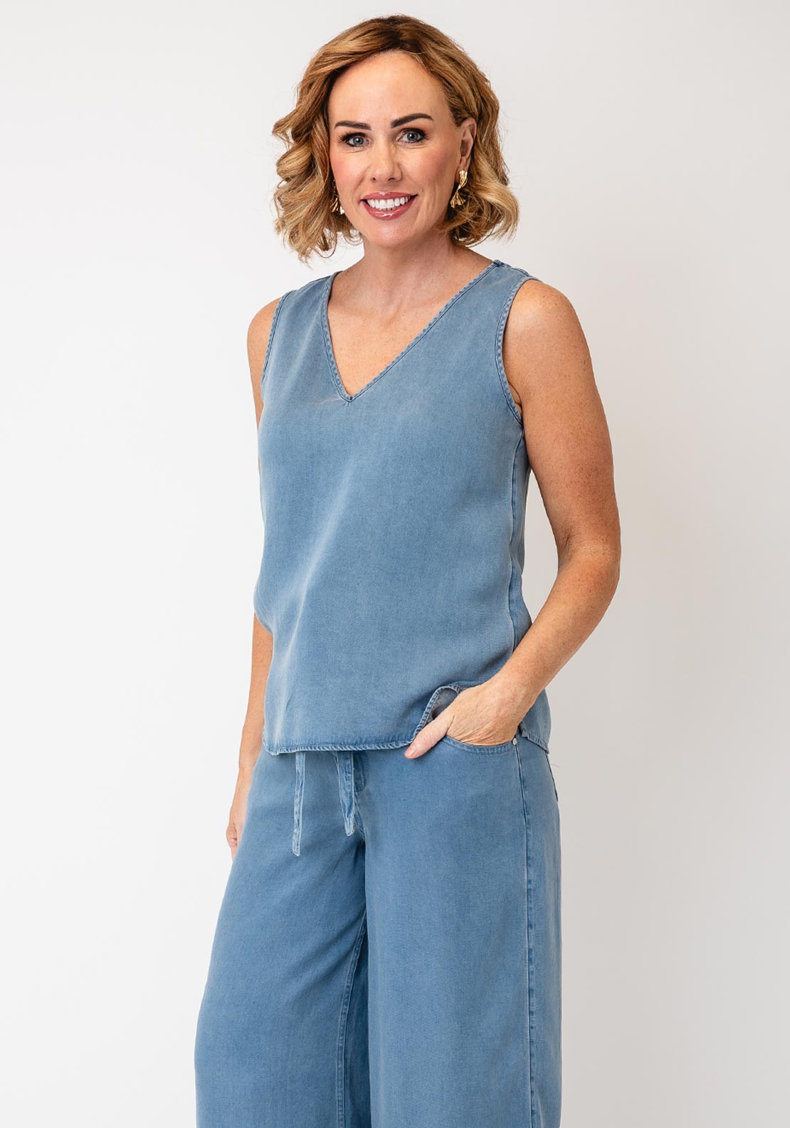 Oui V-Neck Denim Look Vest, Blue