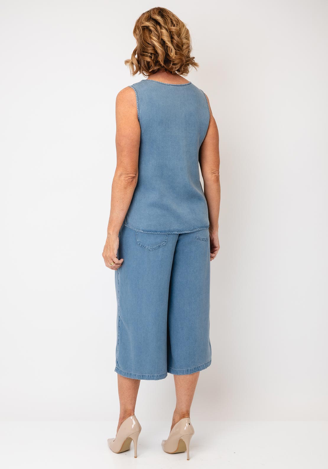 Oui V-Neck Denim Look Vest, Blue