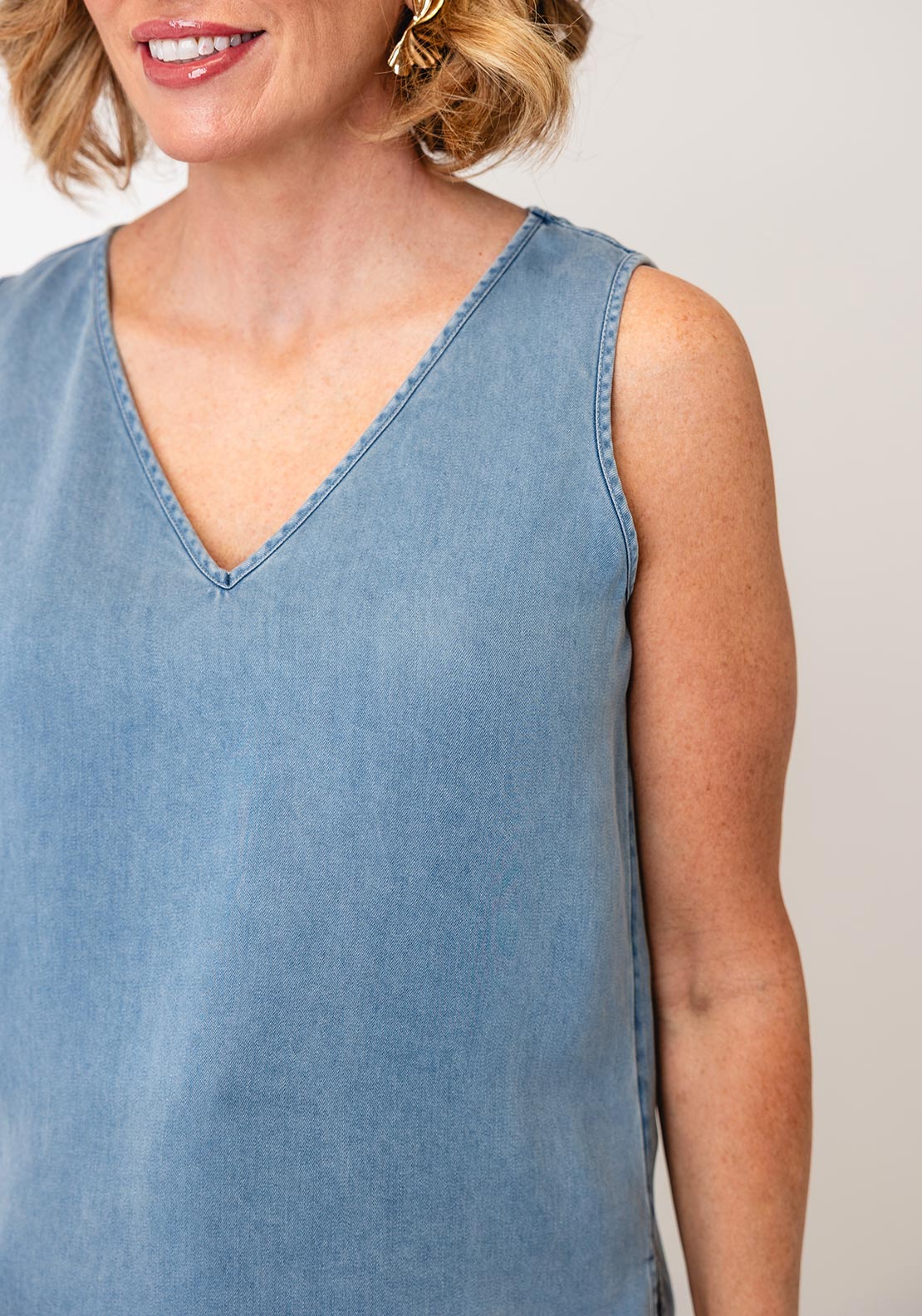 Oui V-Neck Denim Look Vest, Blue