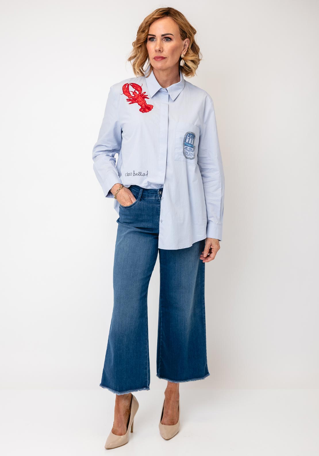 Oui Fish Graphic Print Embroidered Shirt, Blue