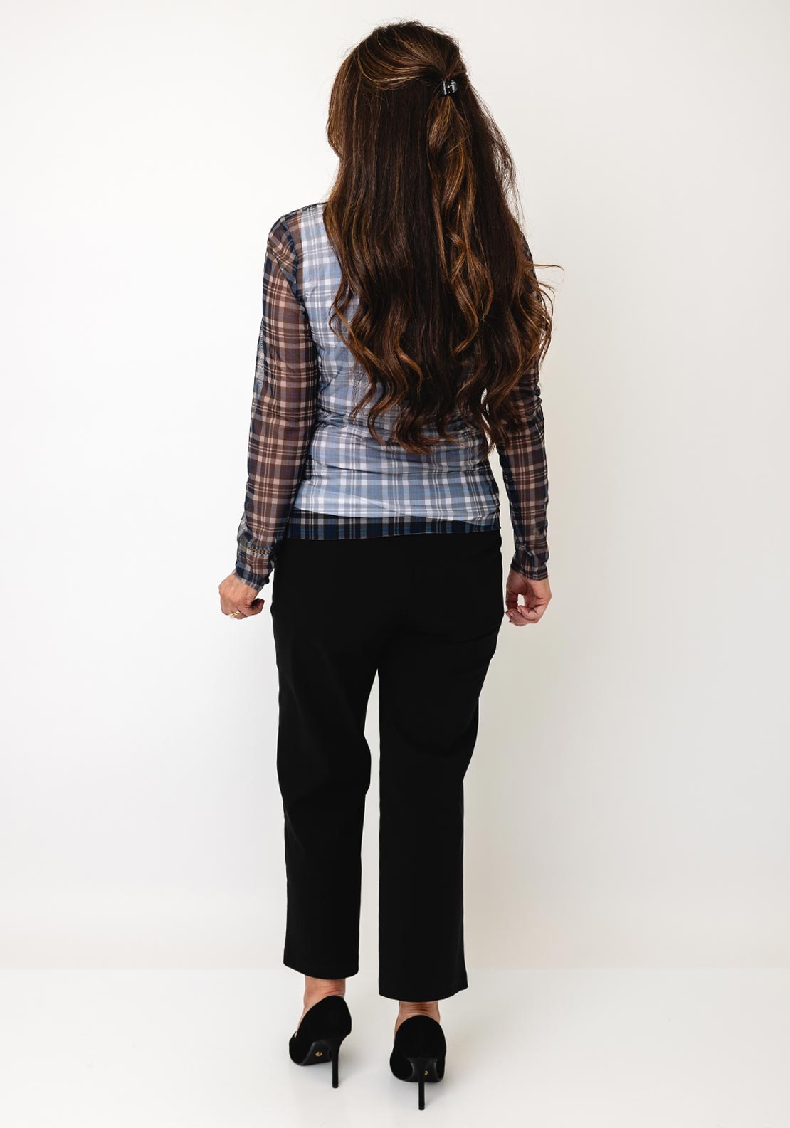 Oui Checked Mesh Long Sleeve Top, Blue Multi