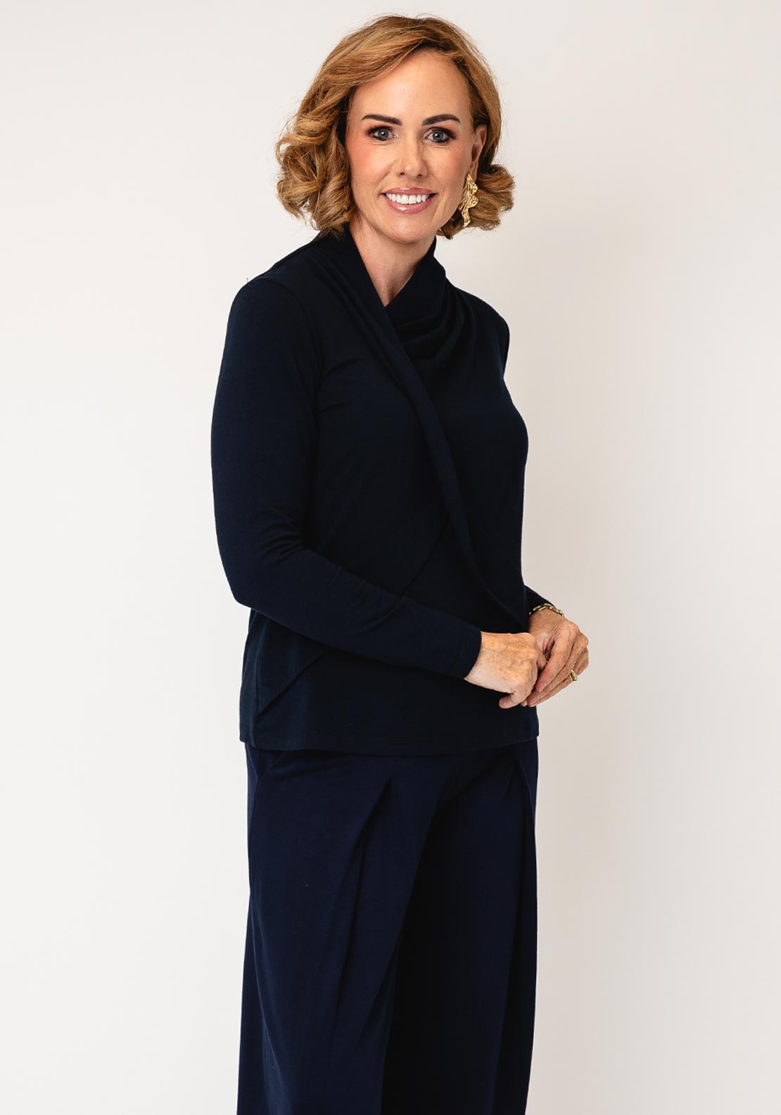 Ozai N Kú Faux Wrap Long Sleeve Top, Navy