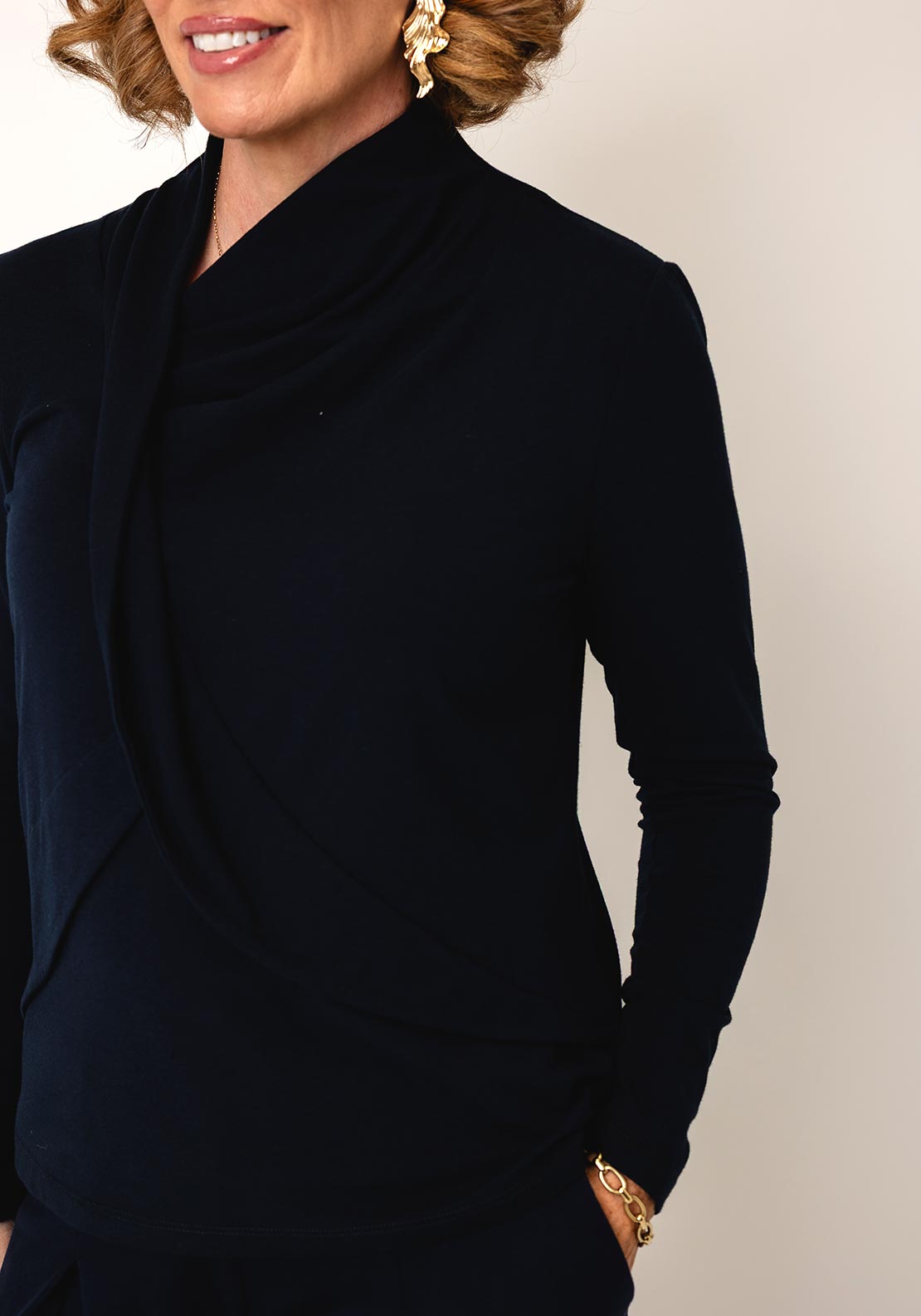 Ozai N Kú Faux Wrap Long Sleeve Top, Navy