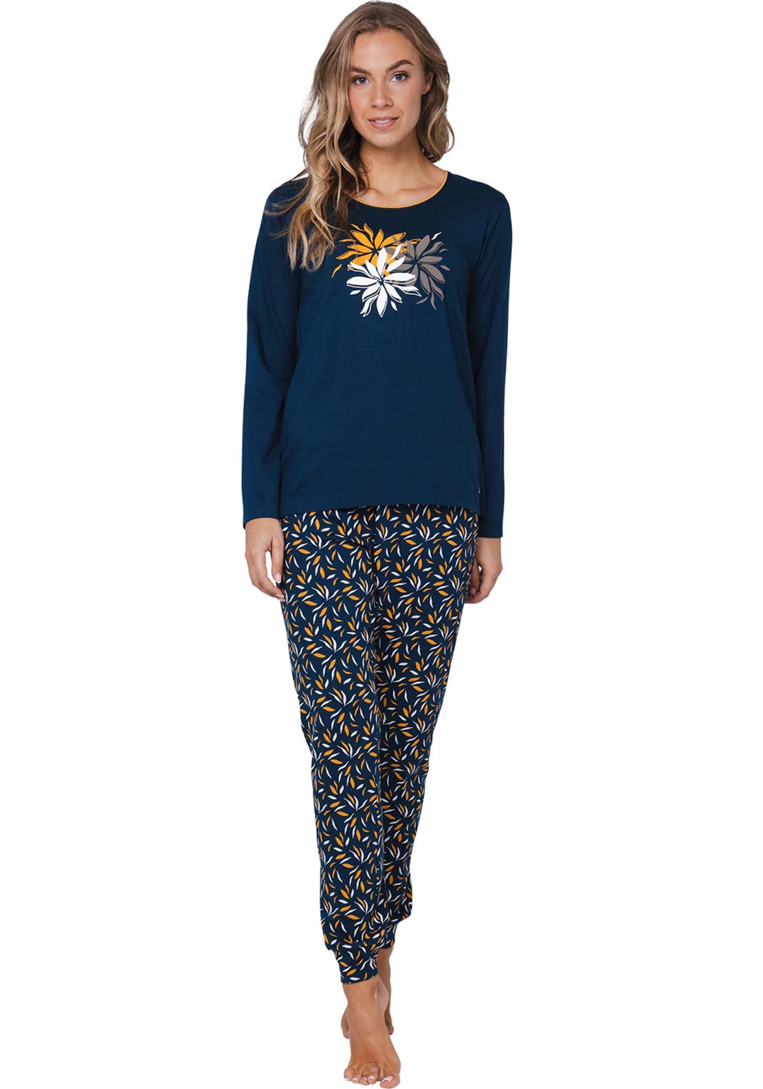 Pastunette Moonlite Floral Long Sleeve Pyjama Set, Navy