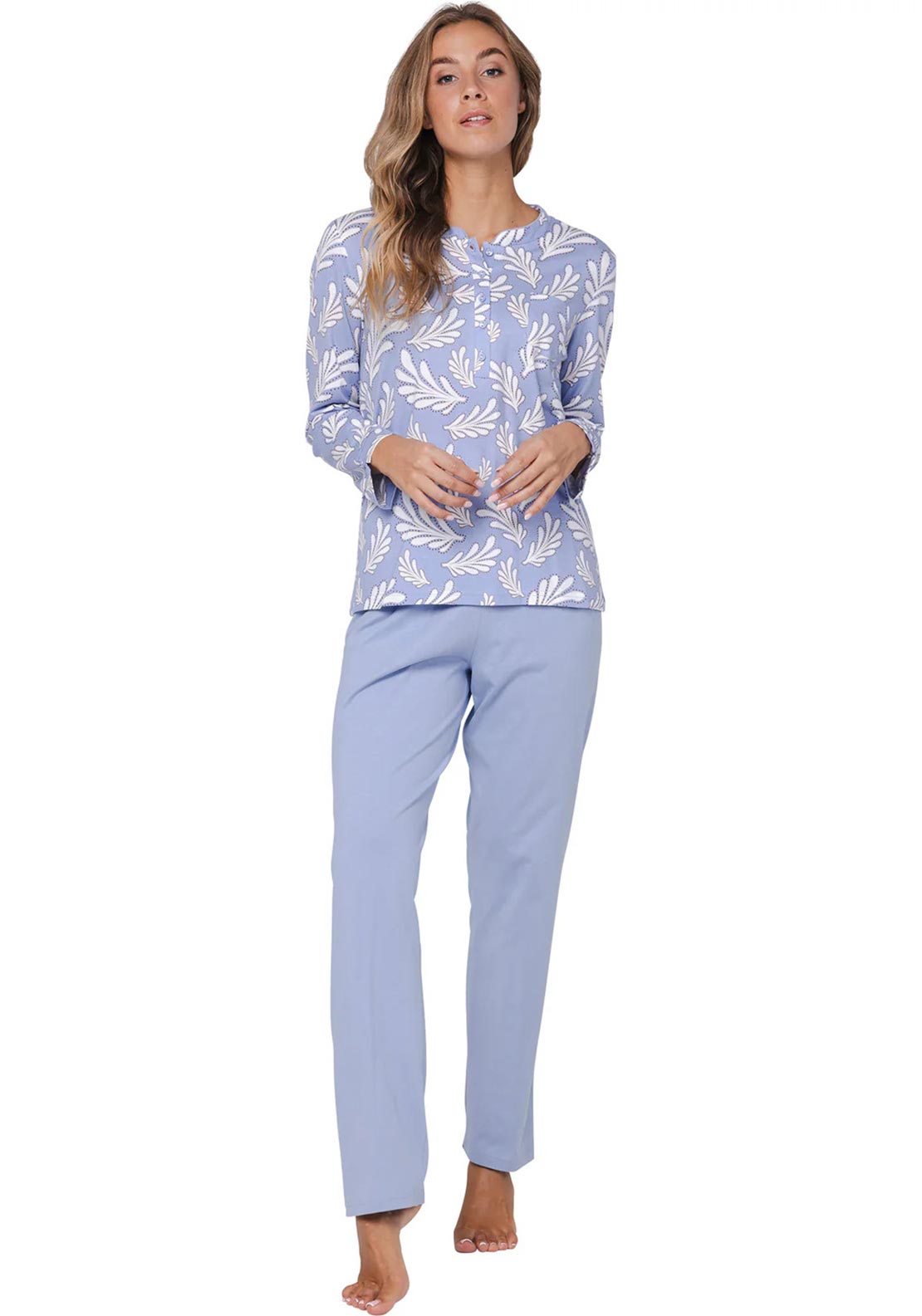 Pastunette Leaf Long Sleeve Pyjama Set, Blue