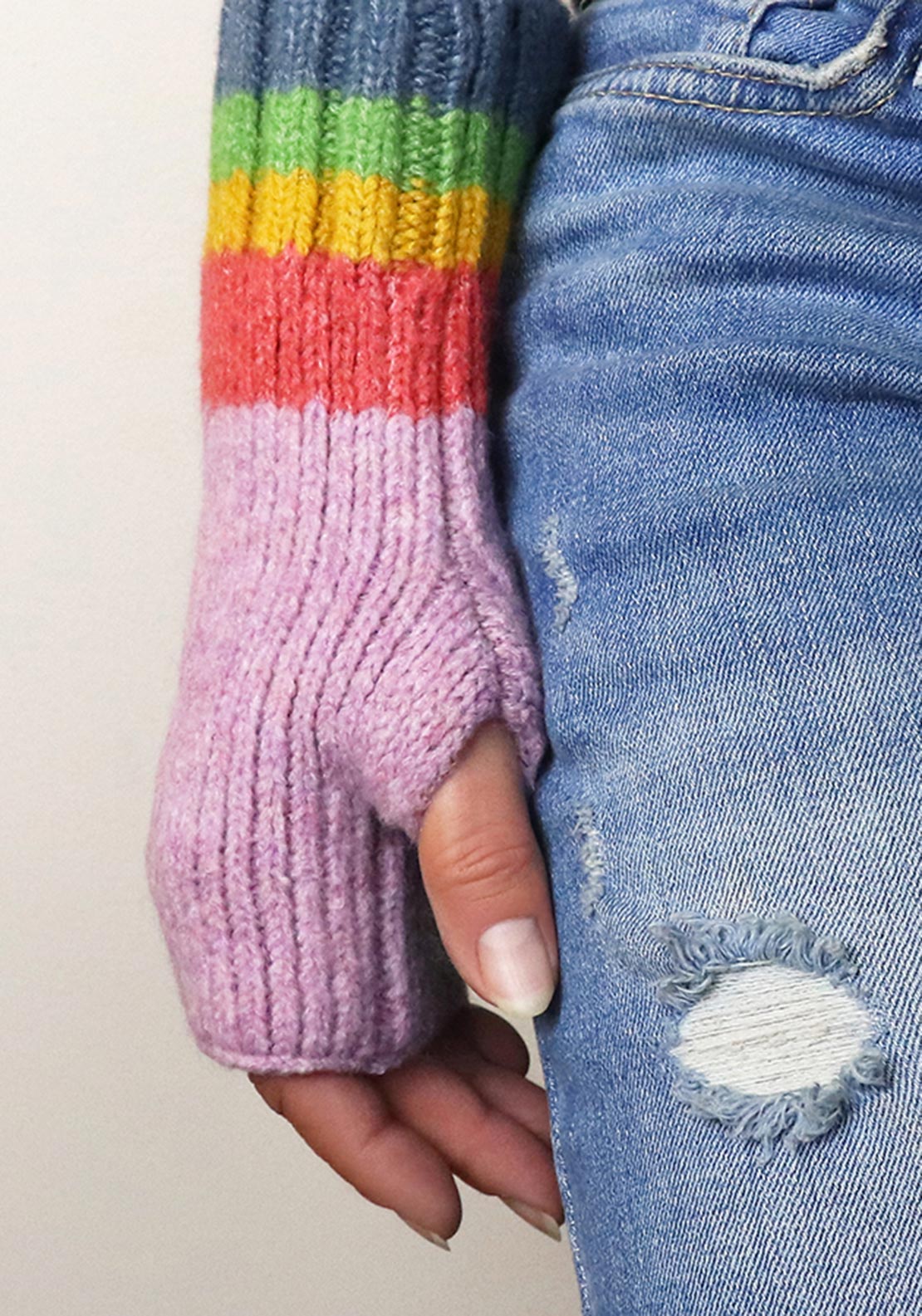 Pom Rainbow Fingerless Gloves, Lilac