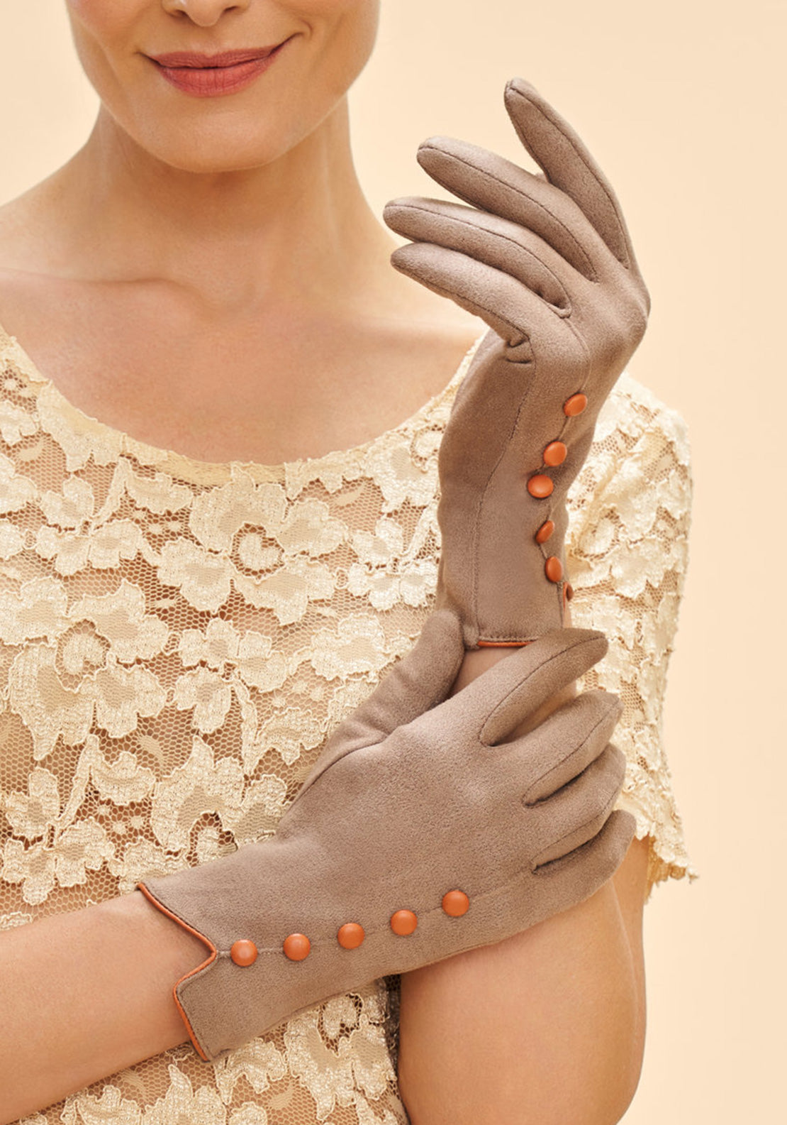 Powder Beatrice Button Detail Gloves, Stone