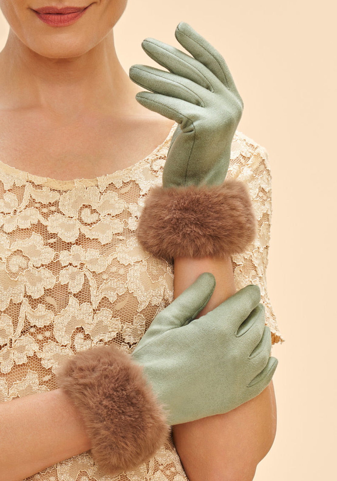 Powder Bettina Faux Fur Gloves, Green and Beige