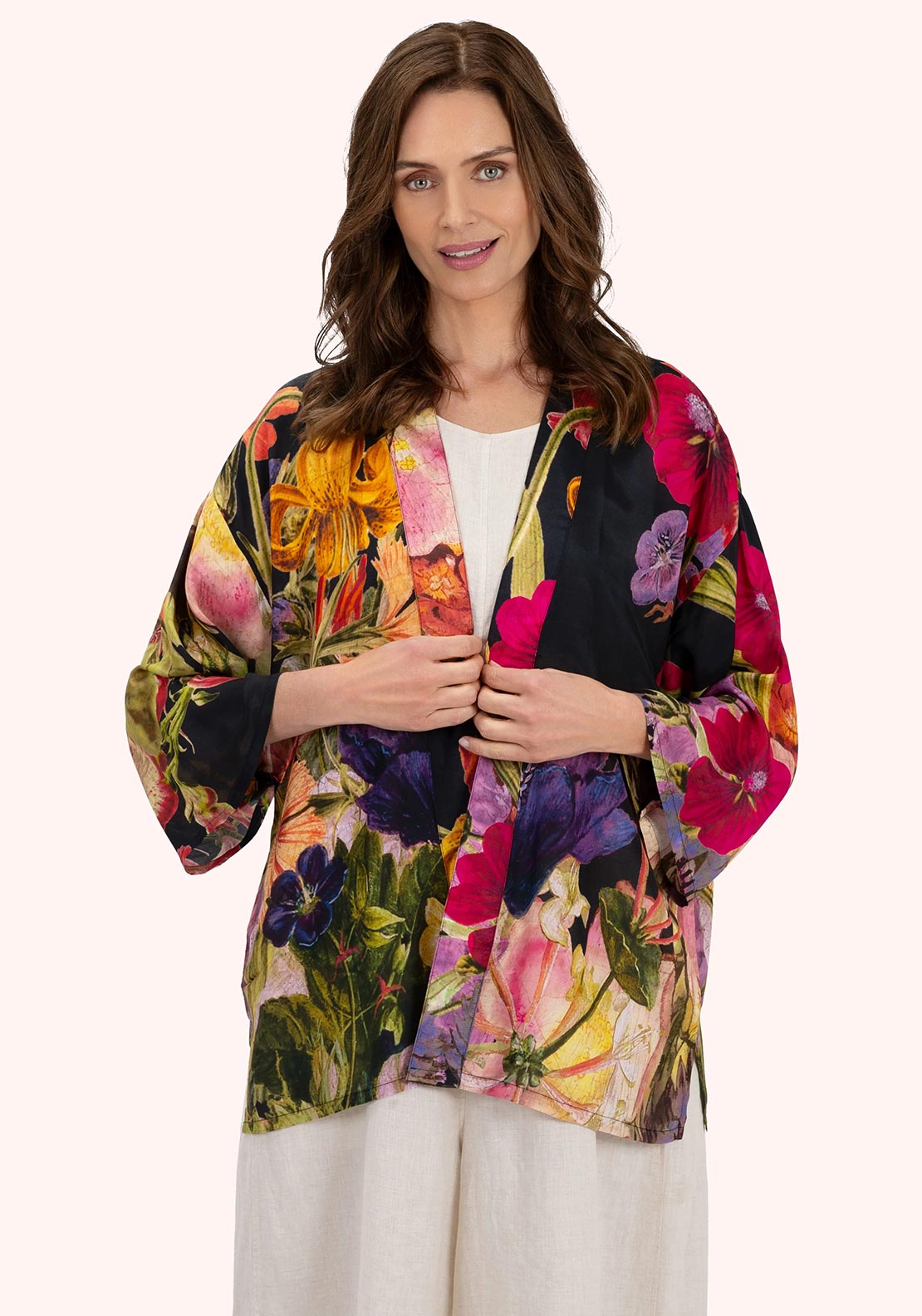 Powder Posy One Size Kimono Jacket, Black Multi