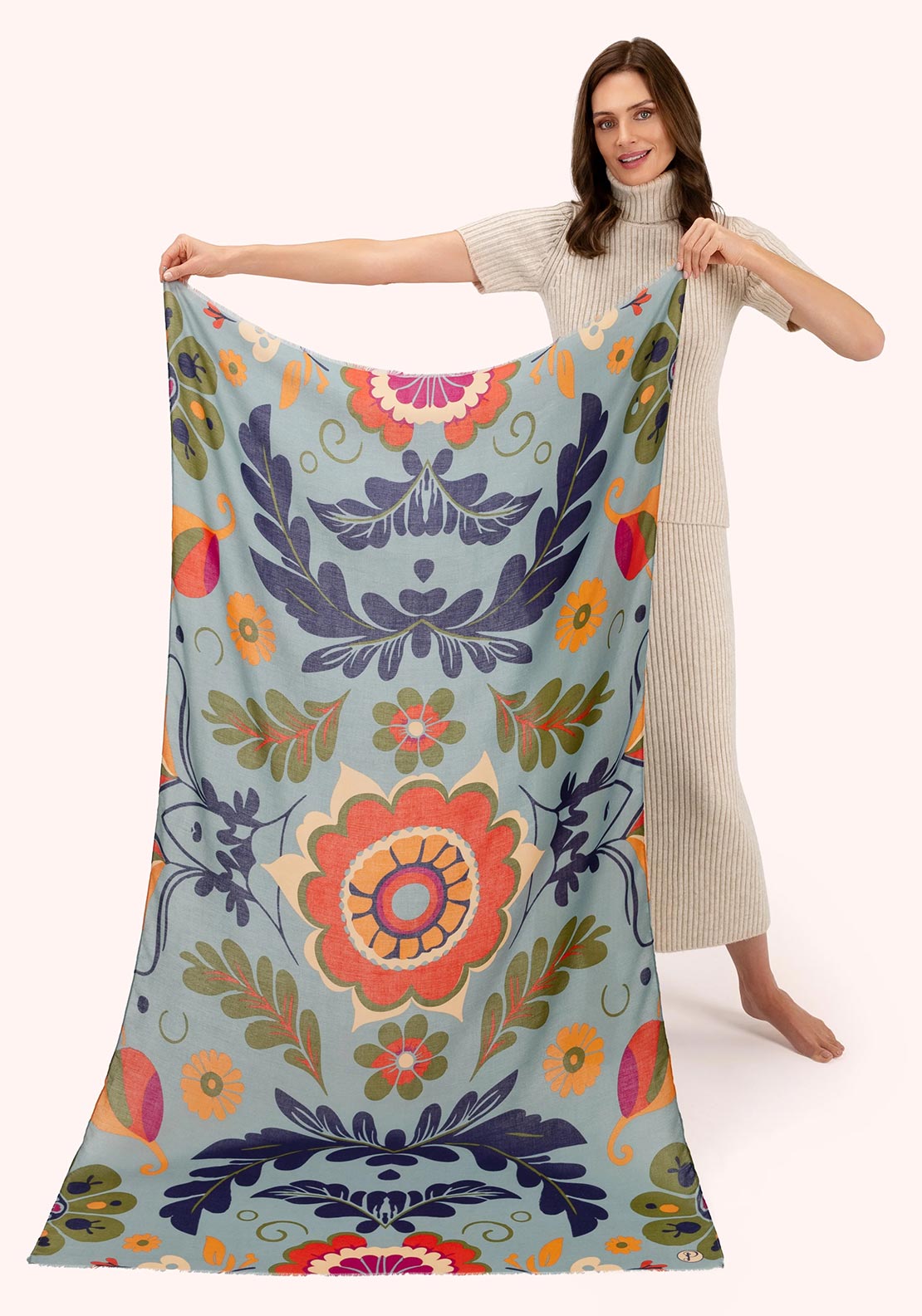 Powder Folk Floral Printed Scarf, Blue