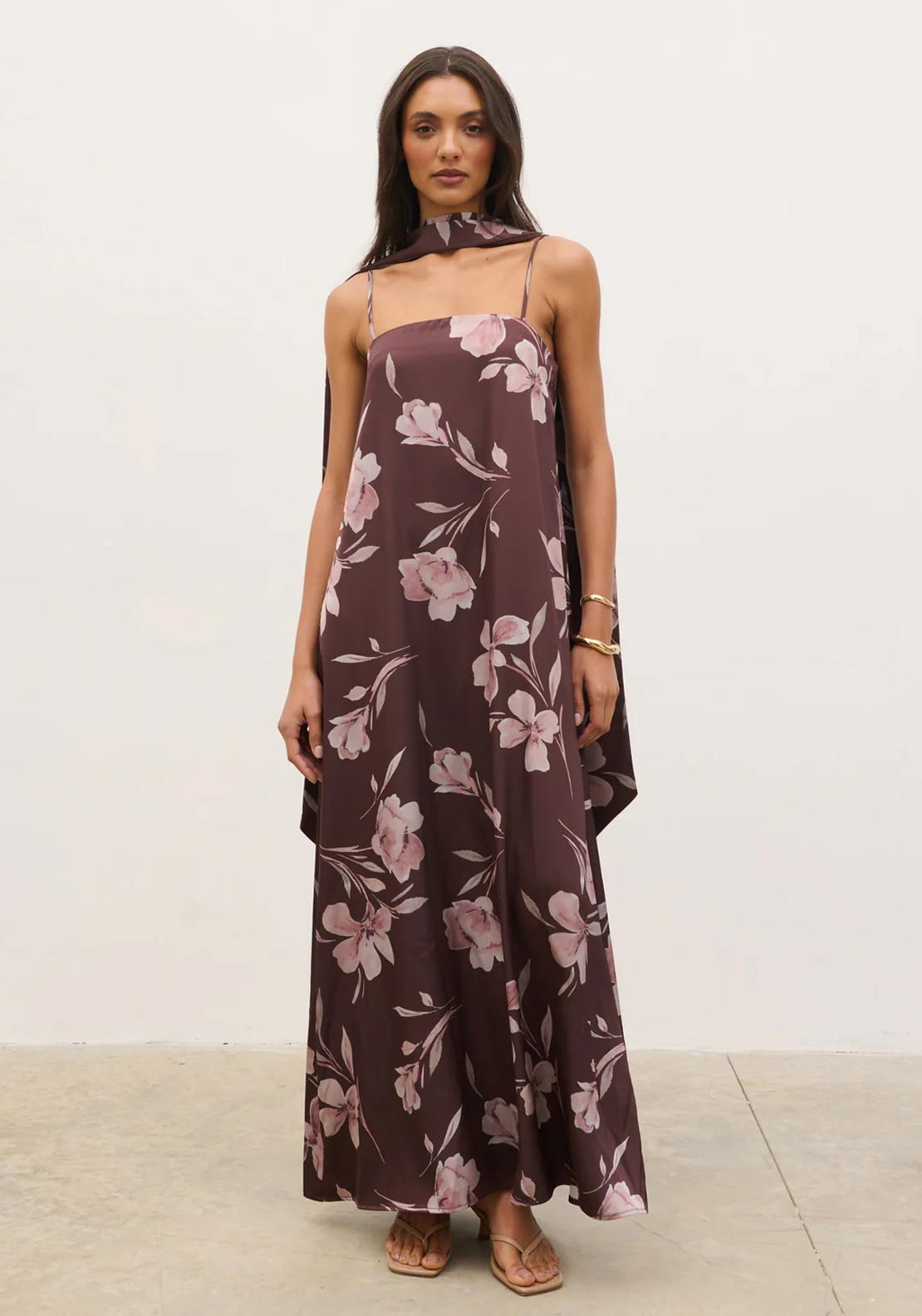 Pretty Lavish Elowen with Scarf Detail Maxi Dress, Brown and Pink