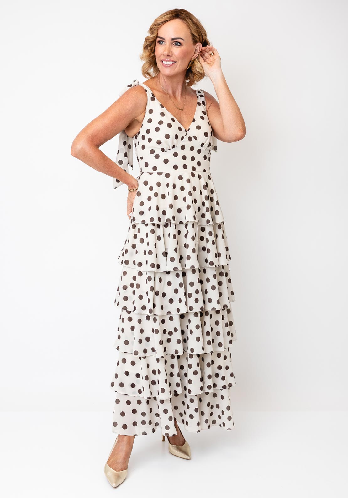 Pretty Lavish Tiered Polka Dot Midi Dress, Beige and Brown