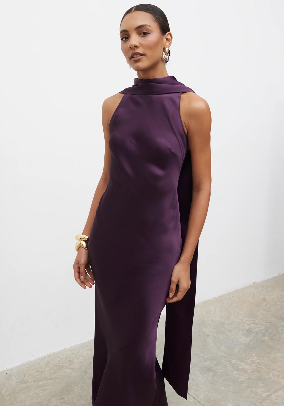 purple dress with neck scarf Designer Printed Maxi Dress | Long Dresses For Women