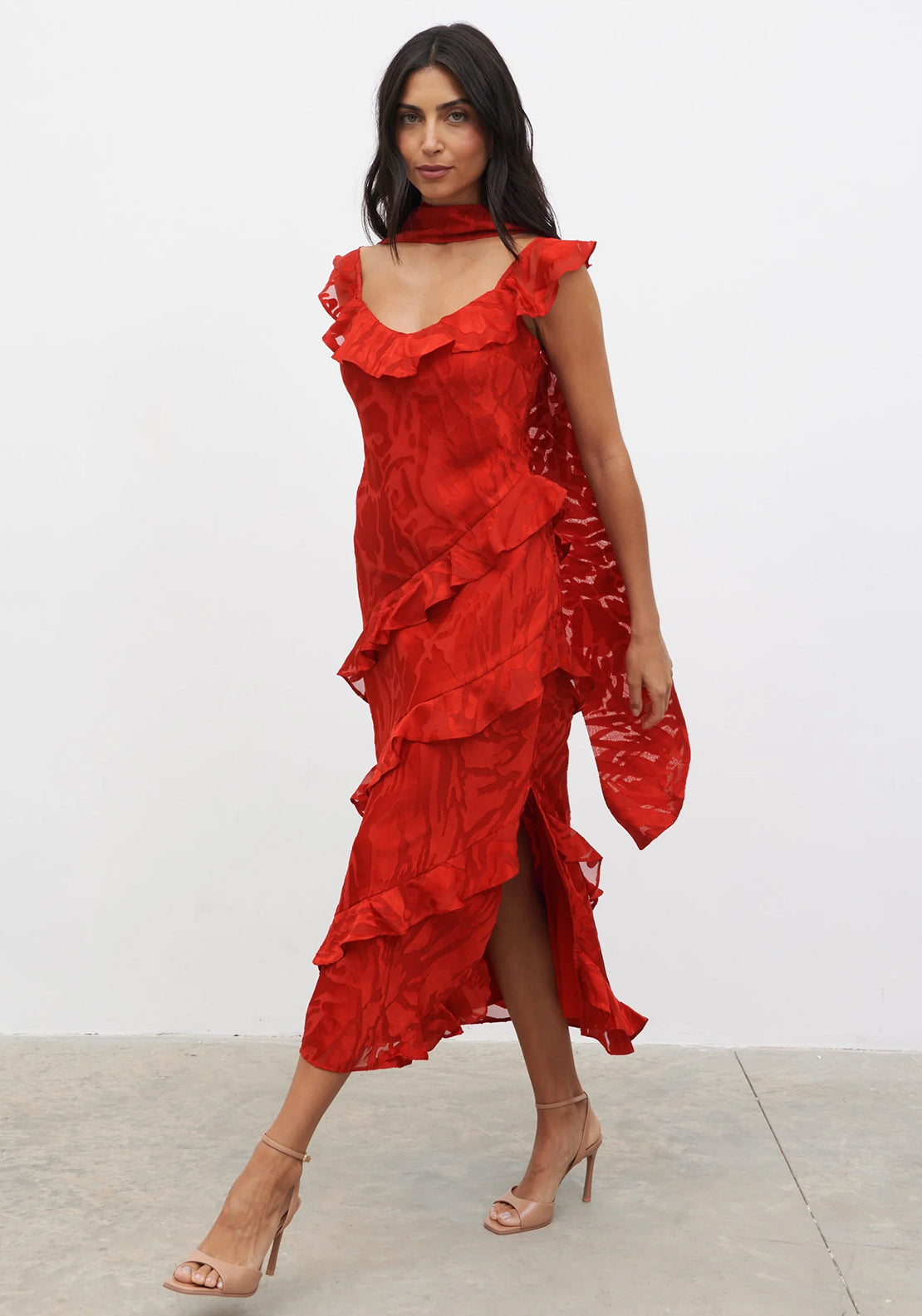 Pretty Lavish Neima Frill Midaxi Dress, Red