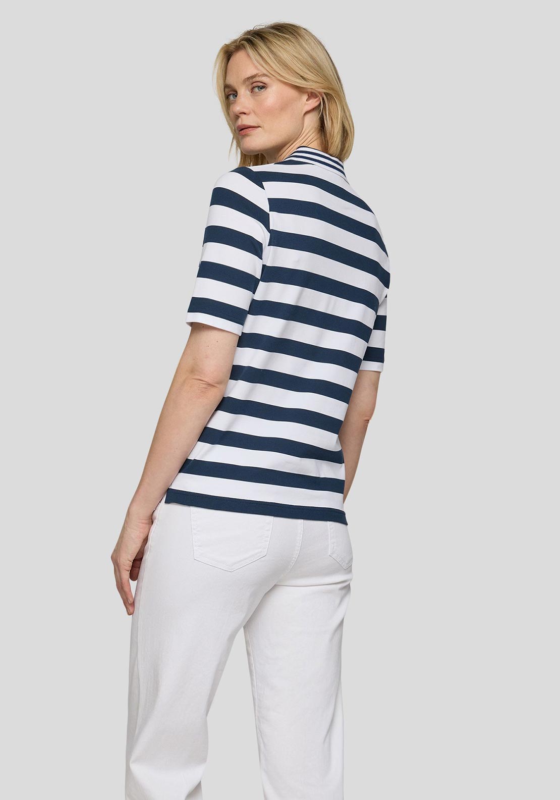 Rabe Striped with Button Placket Polo Shirt, White and Navy