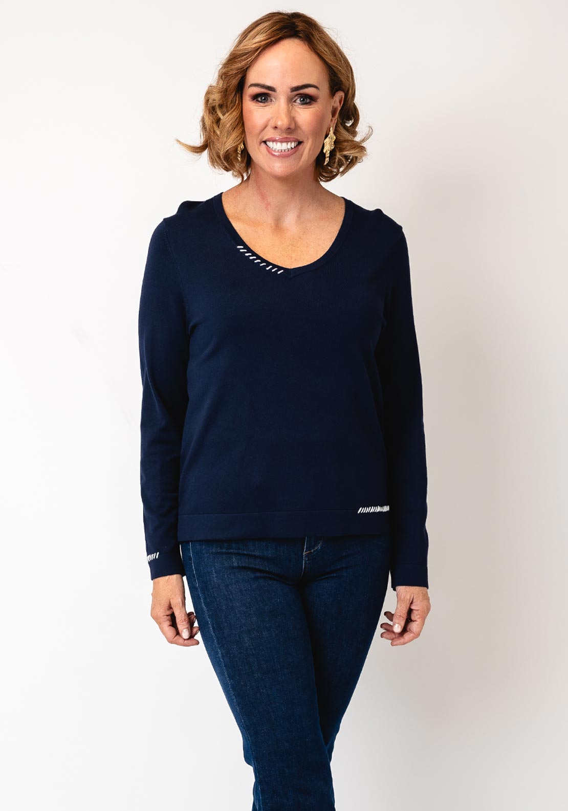 Rabe Fine Knit Stitch Detail V Neck Sweater, Navy