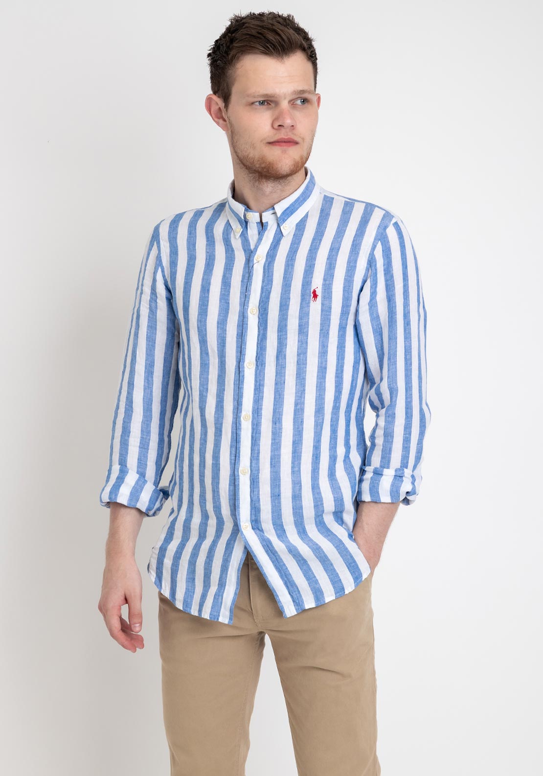 Ralph Lauren Slim Fit Linen Stripe Shirt, Blue - McElhinneys