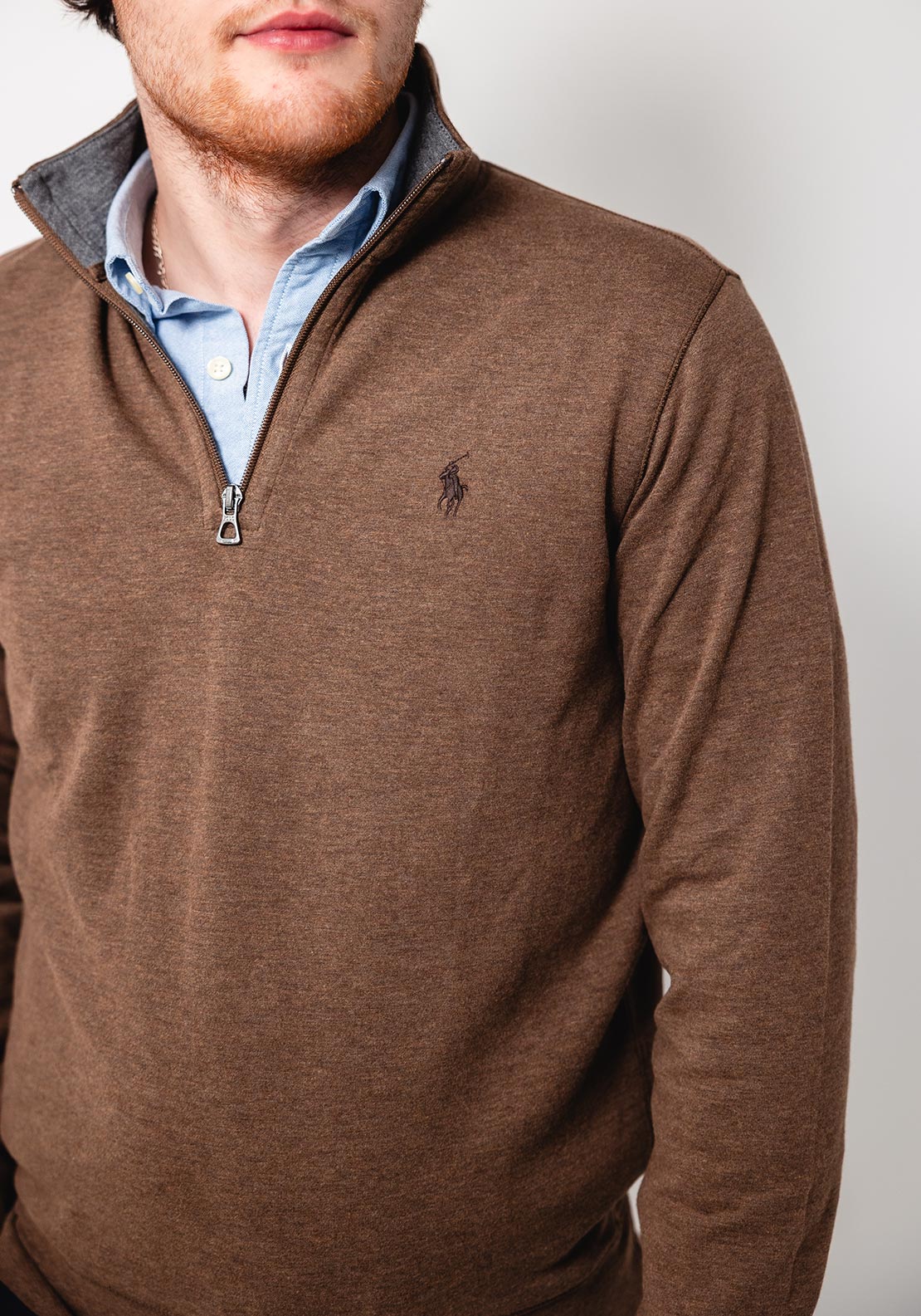 Ralph Lauren Luxury Quarter Zip Jersey Sweatshirt, Brown