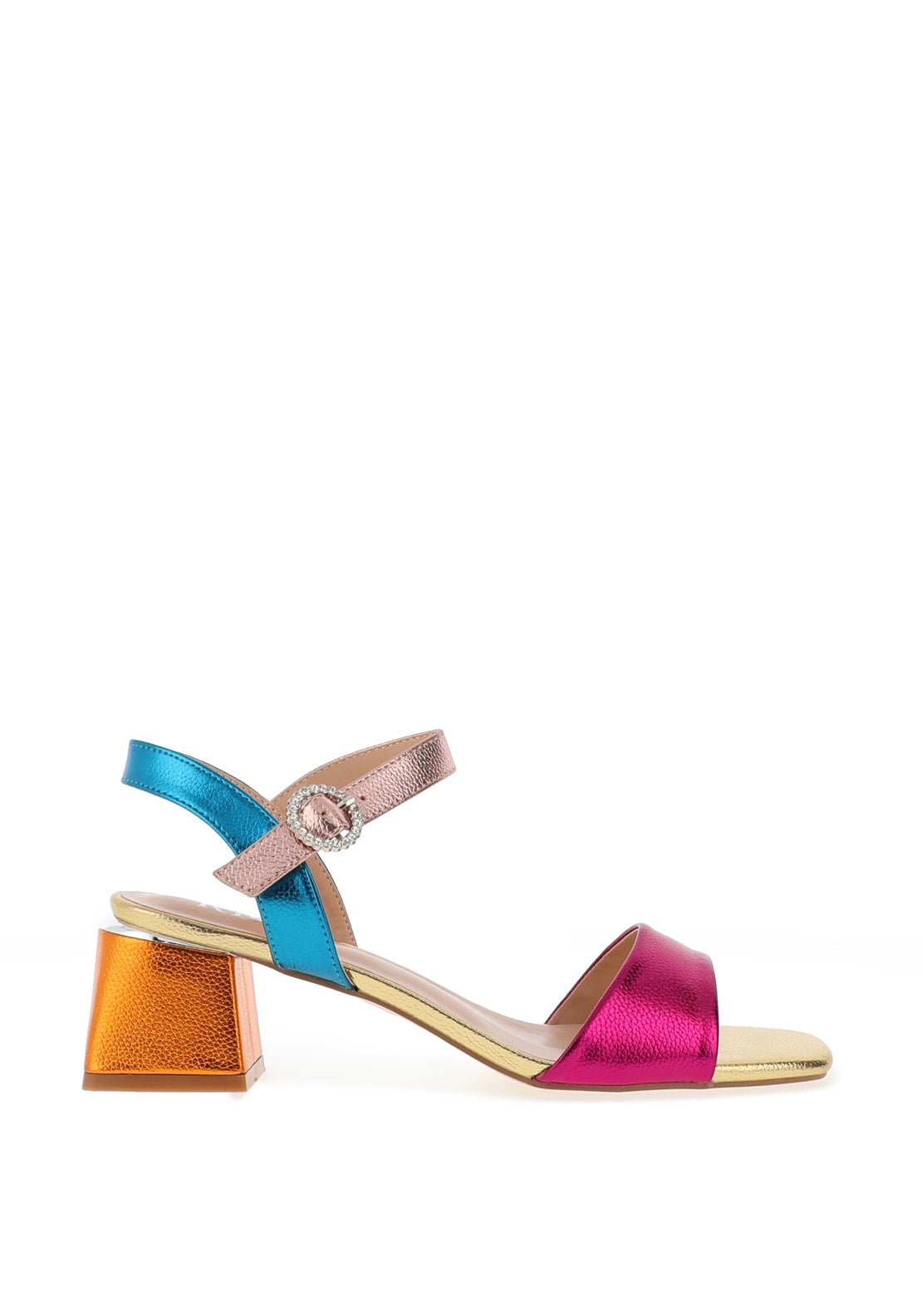 Redz Pebbled Metallic Mid Block Heeled Sandals, Rainbow - McElhinneys