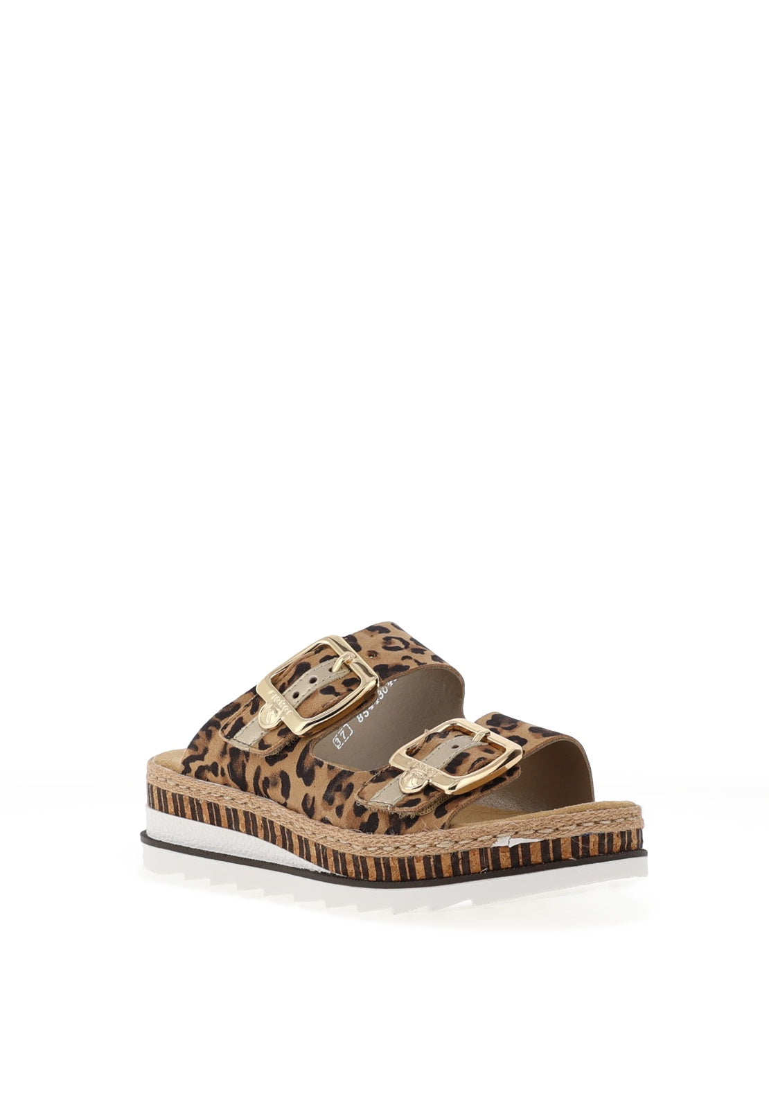 Rieker Womens Nubuck Leather Leopard Printed Mules, Brown