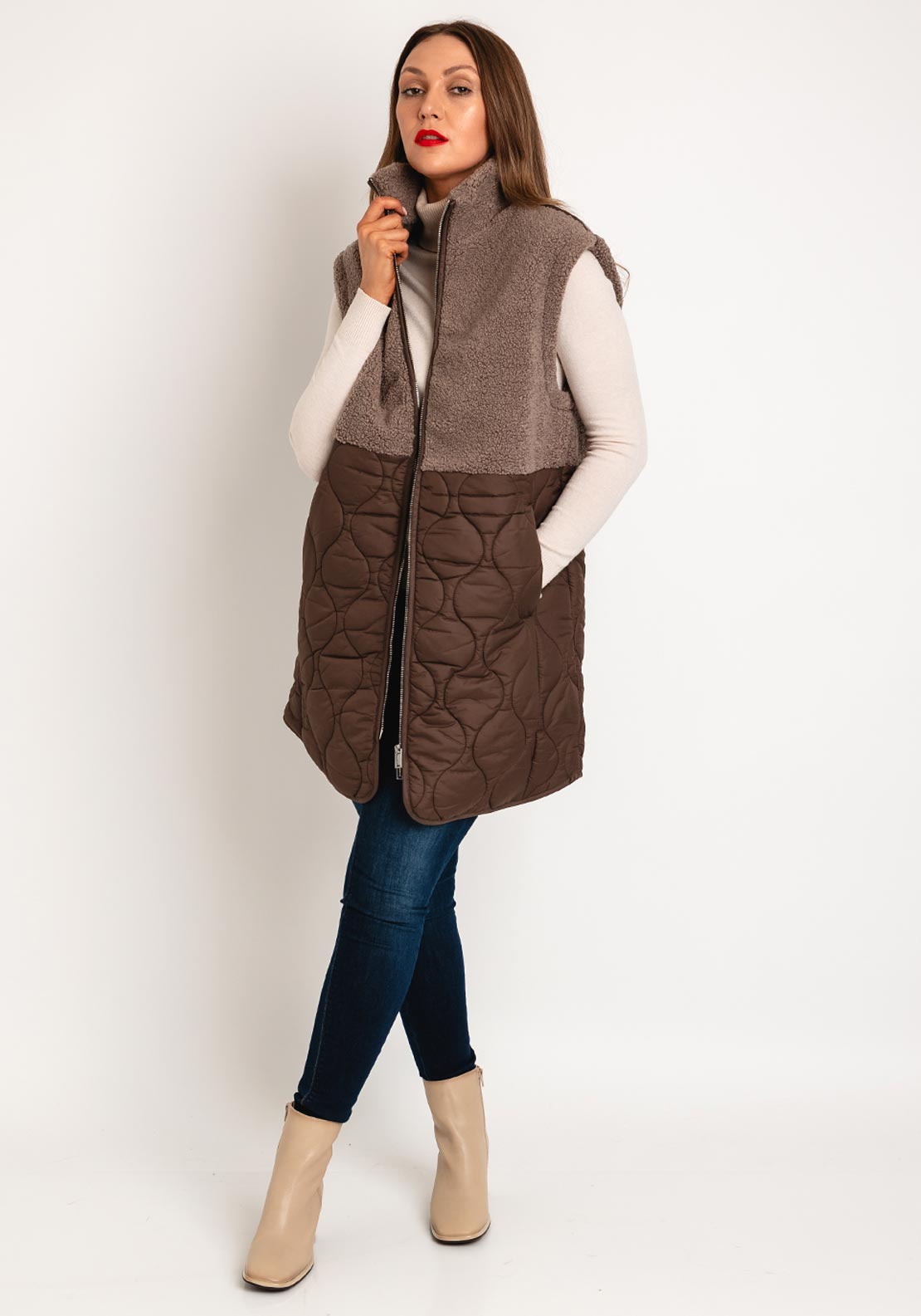 Rino Pelle Janne Teddy Quilted Waistcoat, Taupe McElhinneys