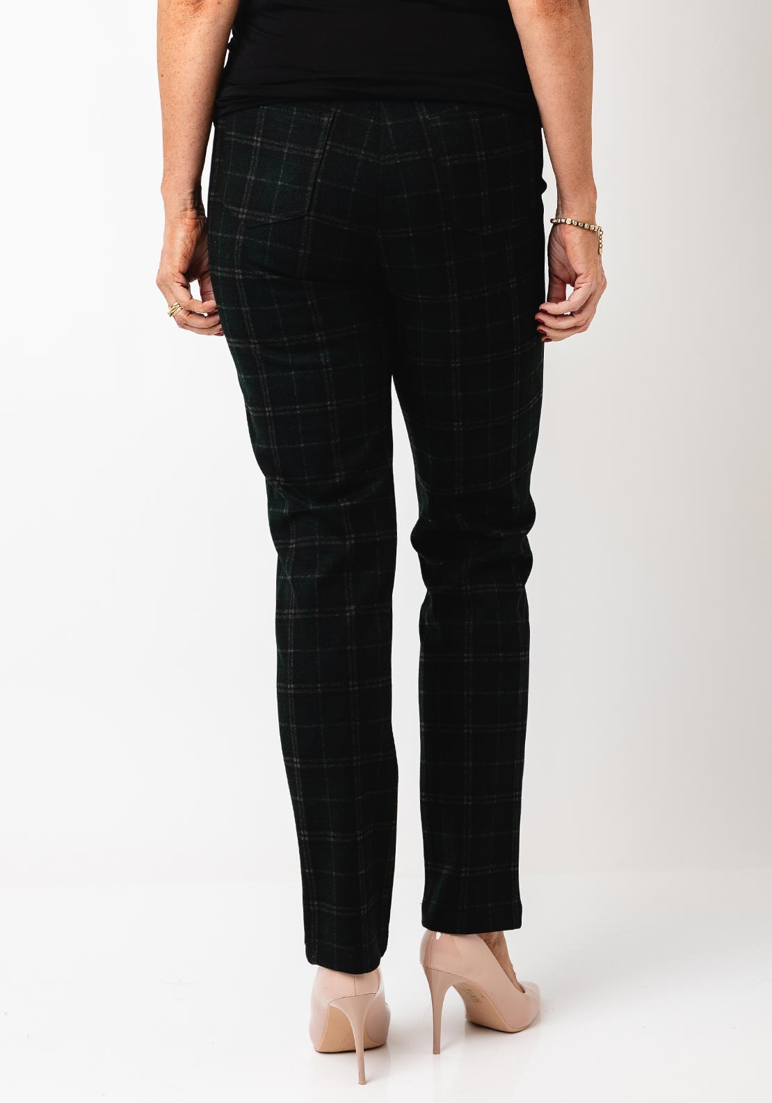 Robell Bella Check Slim Leg Trousers, Green