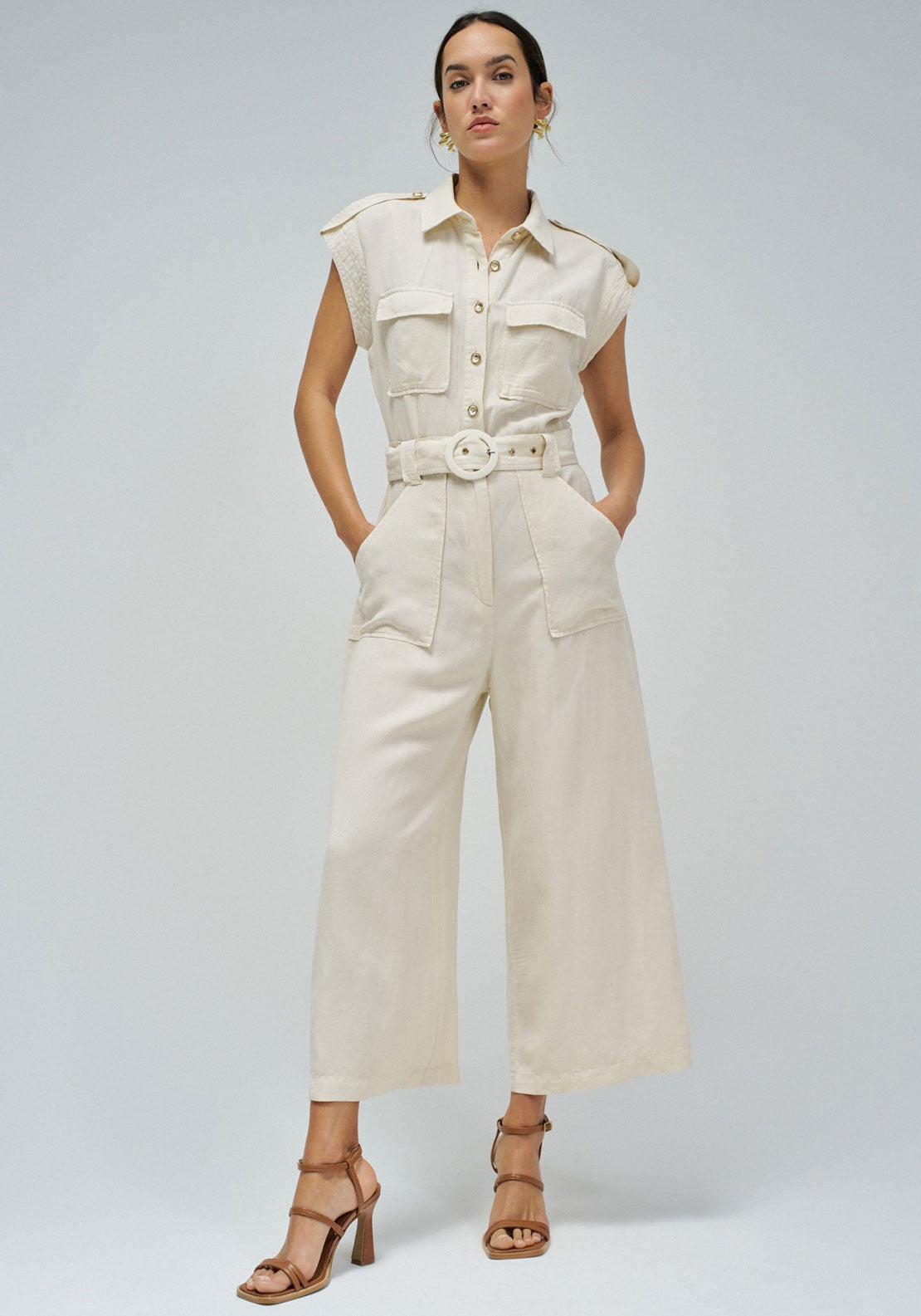 Salsa Belted Light Denim Jumpsuit, Beige
