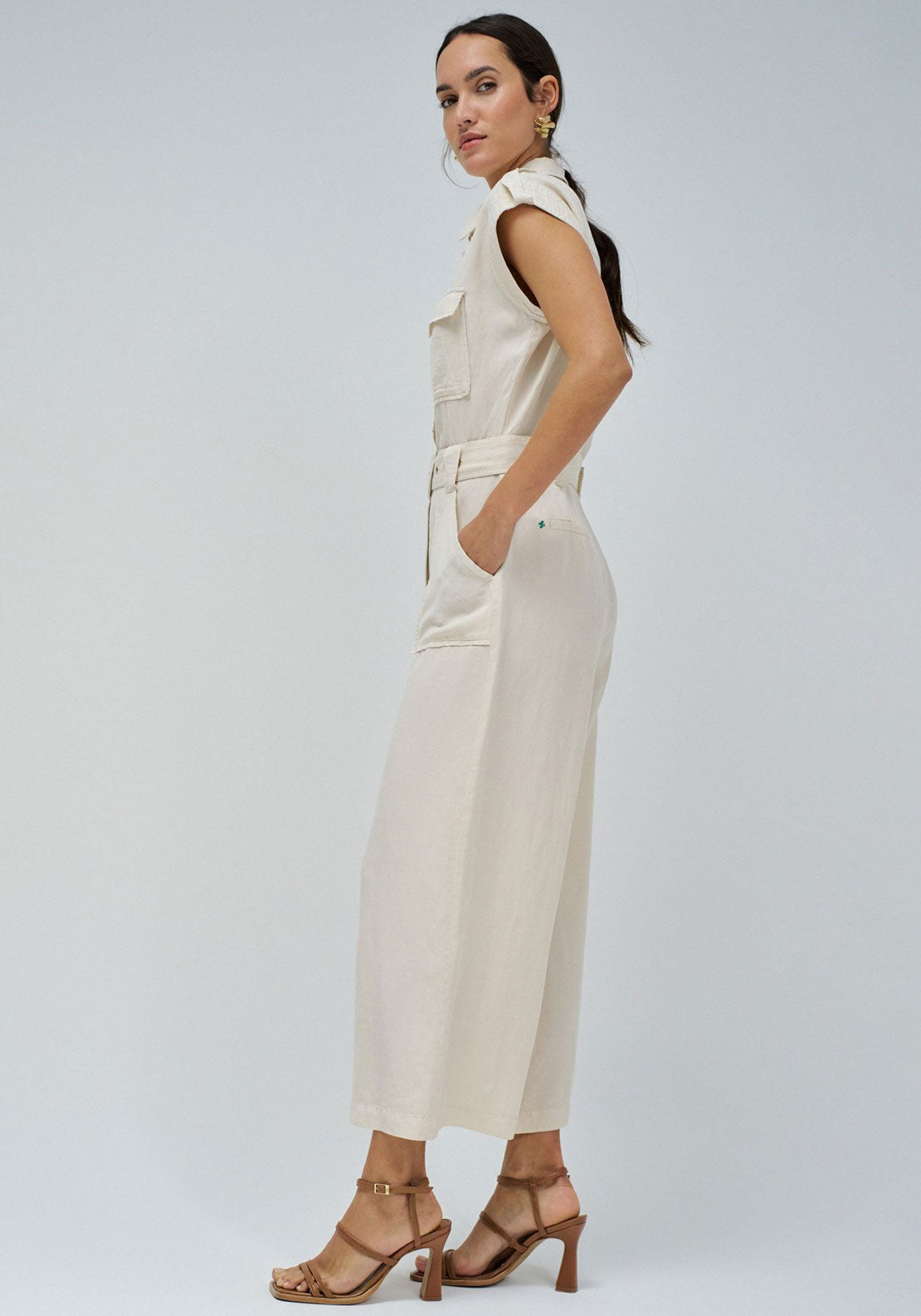 Salsa Belted Light Denim Jumpsuit, Beige