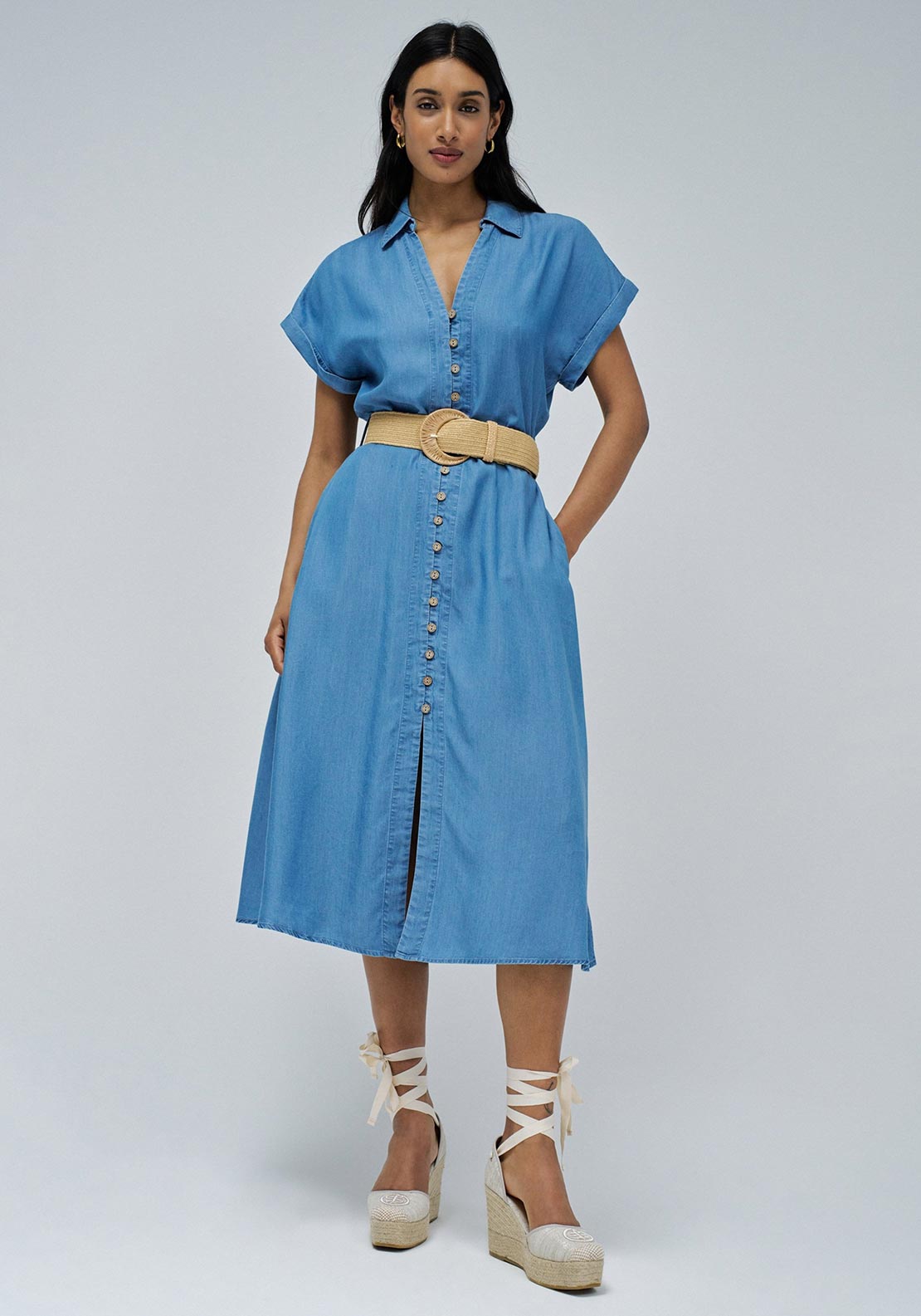 Salsa Belted Midi Shirt Dress, Blue - McElhinneys Salsa Belted Midi Shirt Dress, Blue - McElhinneys