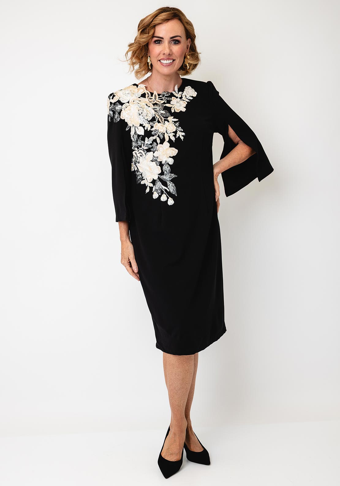 Samantha Jane Audrey Floral Embellished Pencil Dress, Black