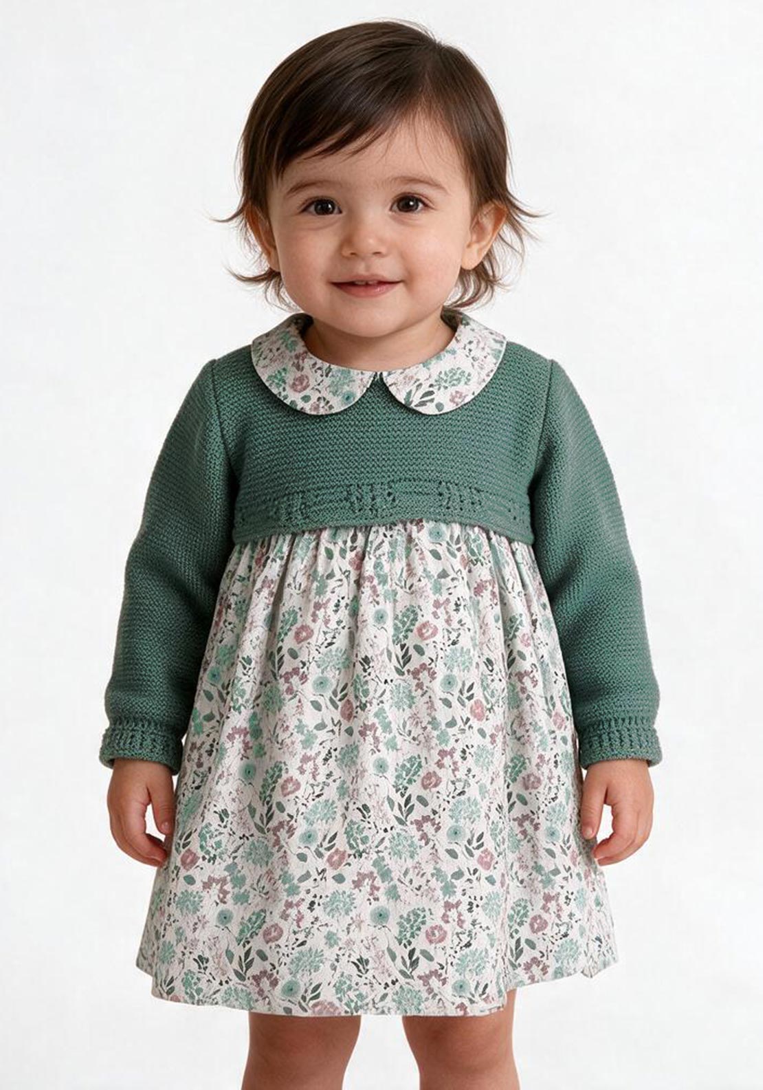 Sardon Baby Girl Floral and Knit Long Sleeve Dress, Green