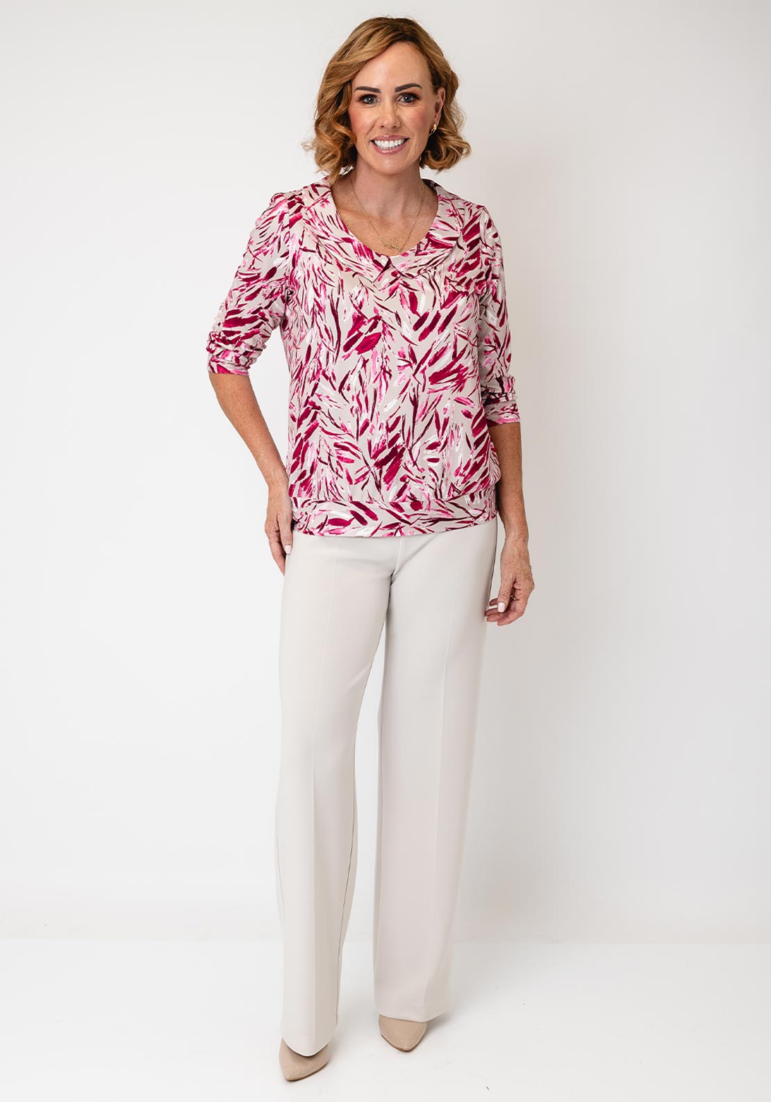Se Moi Leaf Print Collar Top, Pink