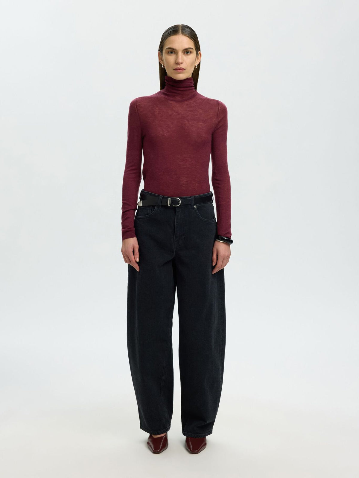 Selected Femme Vendy Sheer Roll Neck Top, Wine