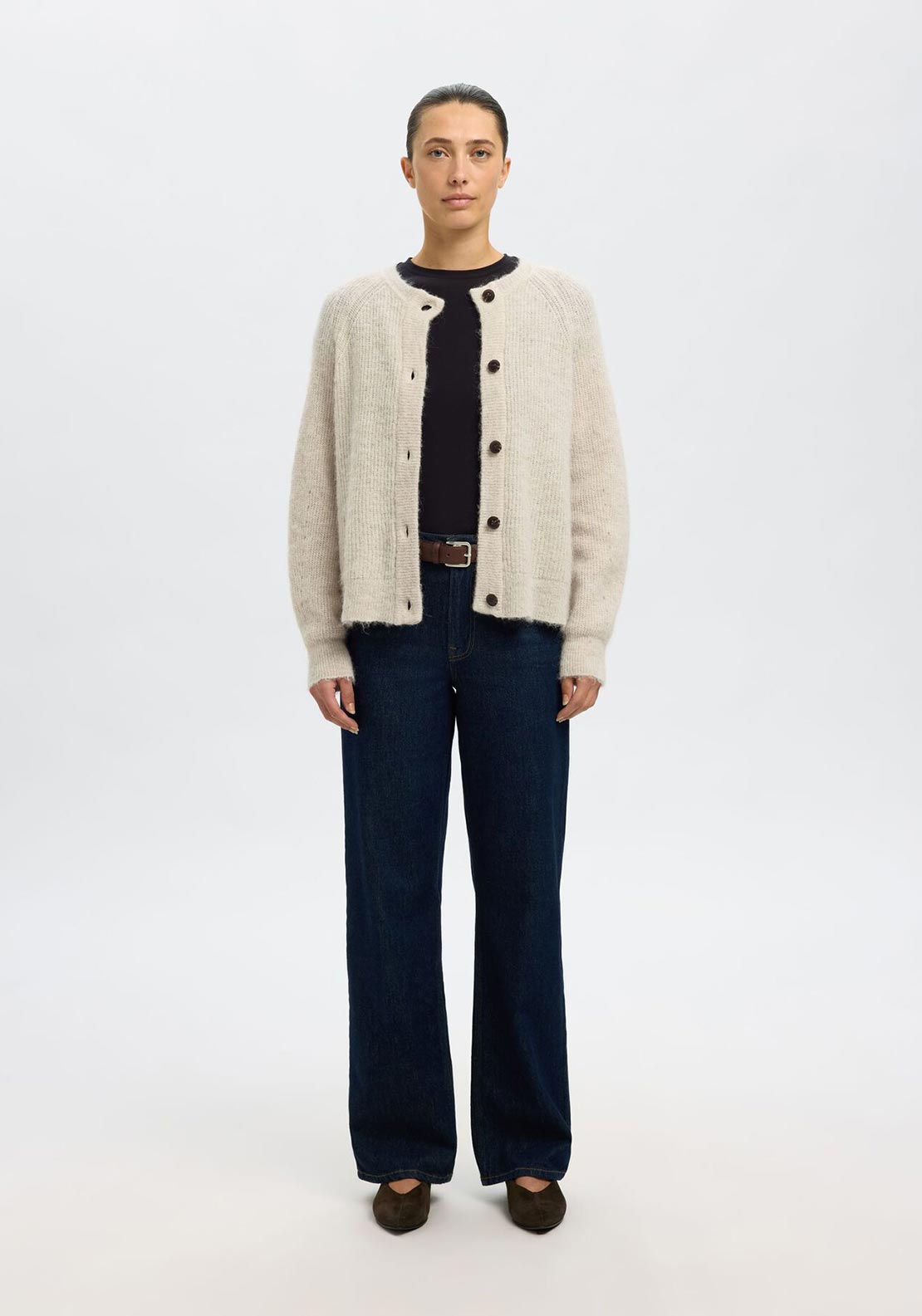Selected Femme Lulu Wool Blend Knitted Cardigan, Light Beige