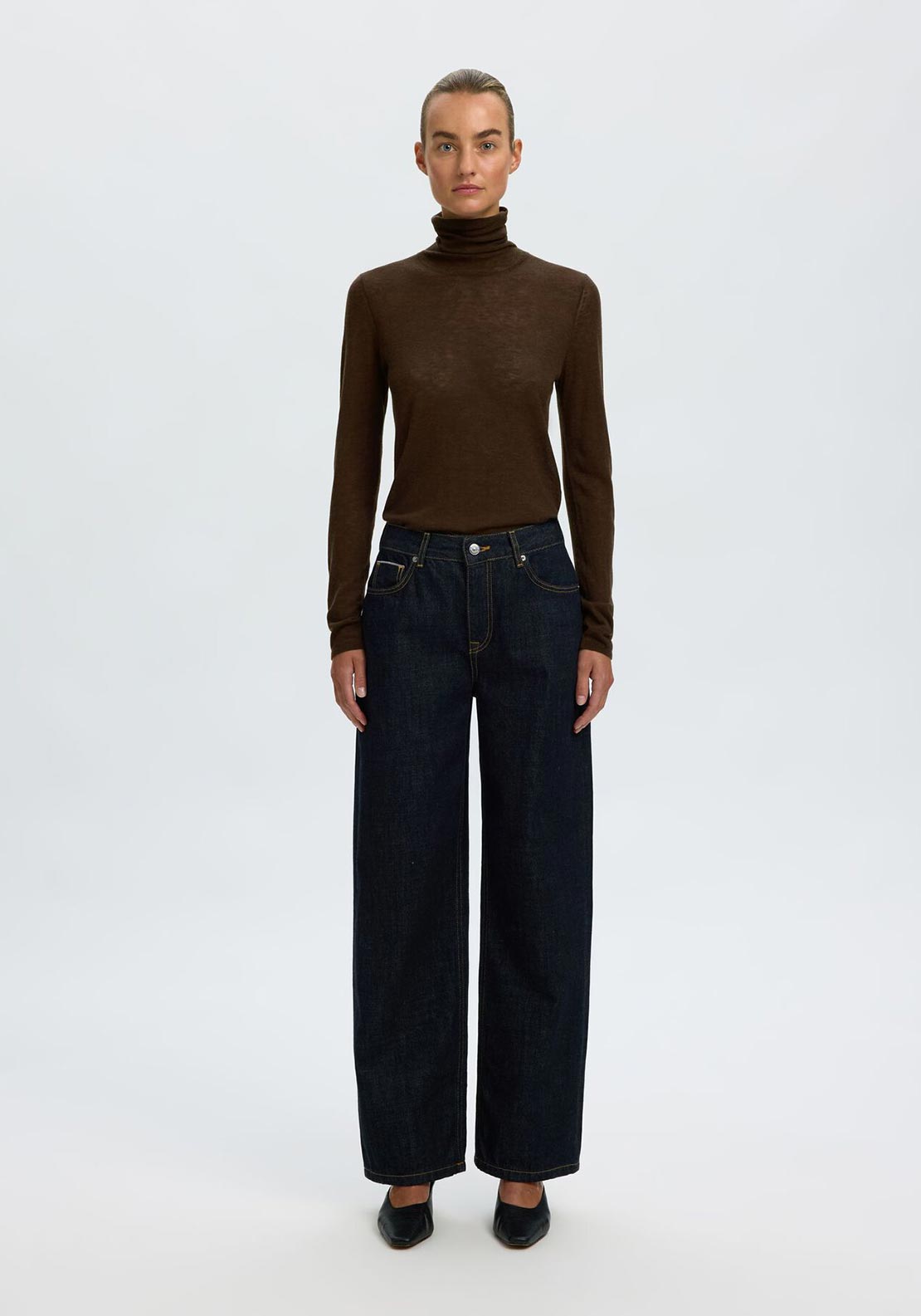 Selected Femme Vendy Sheer Roll Neck Top, Brown