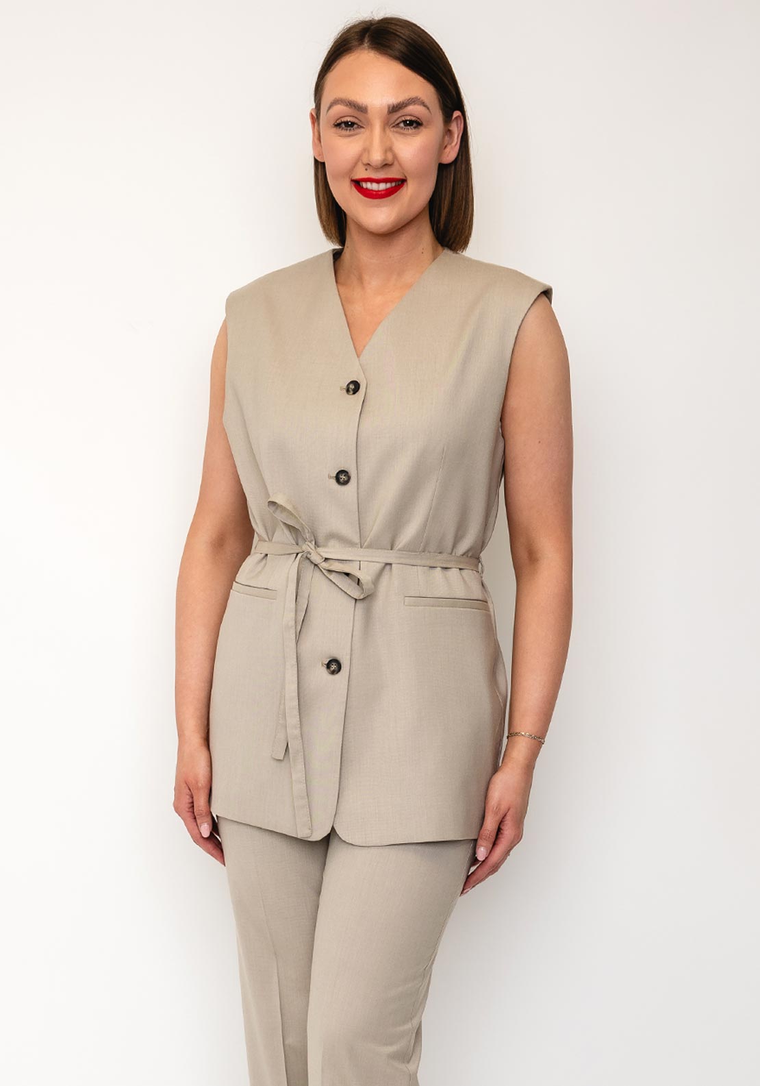 Selected Femme Lisa Boxy Belted Waistcoat, Cashmere Beige