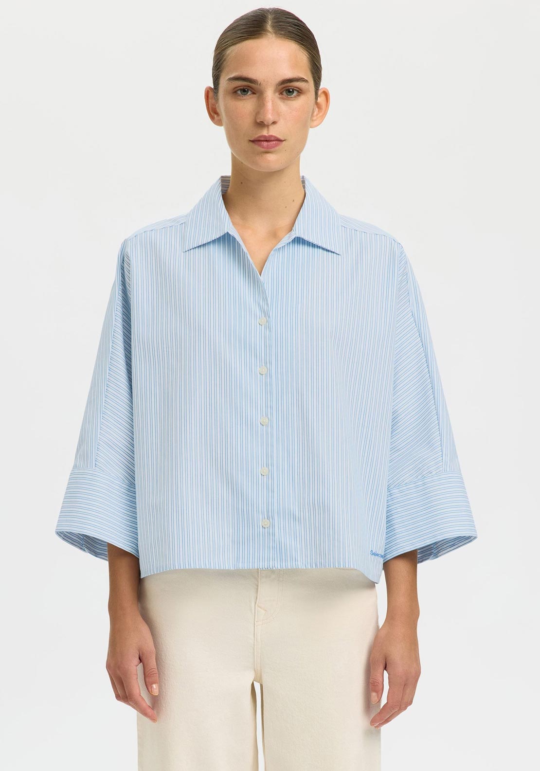 Selected Femme Ester Striped Cropped Sleeve Shirt, Blue