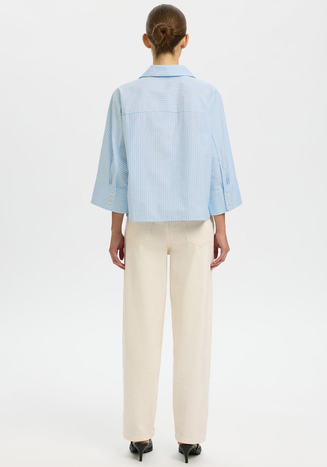 Selected Femme Ester Striped Cropped Sleeve Shirt, Blue