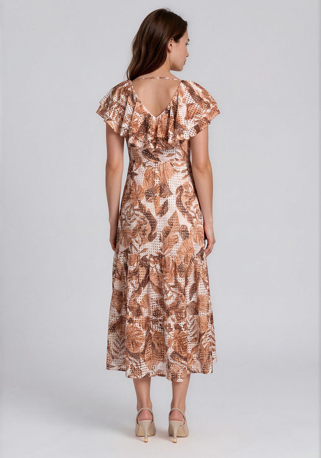 Serafina Collection Leaf Print Frill Collar Midi Dress, Tan