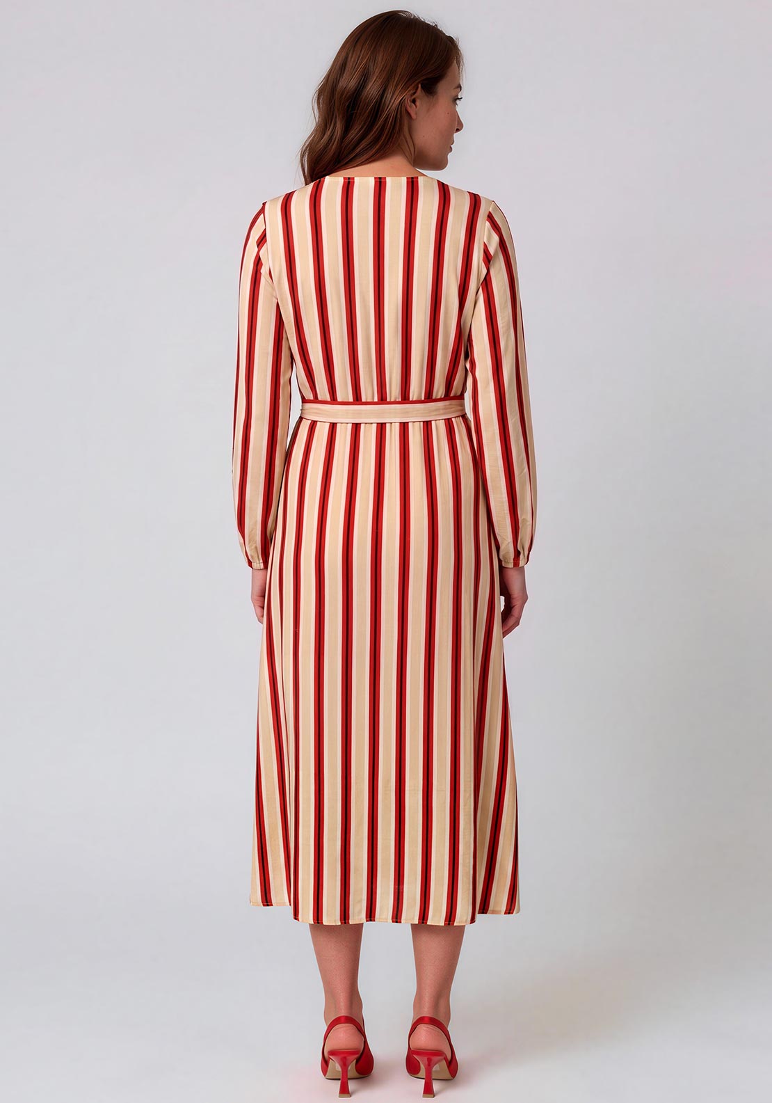 Serafina Striped Wrap Cotton Maxi Dress, Red & Beige