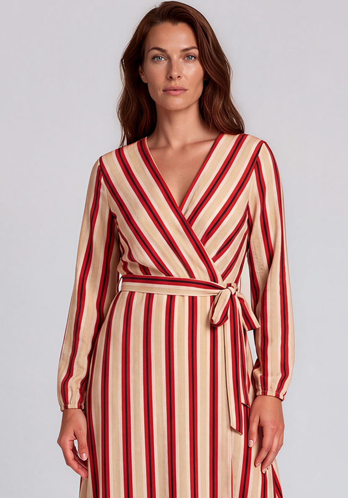 Serafina Striped Wrap Cotton Maxi Dress, Red & Beige
