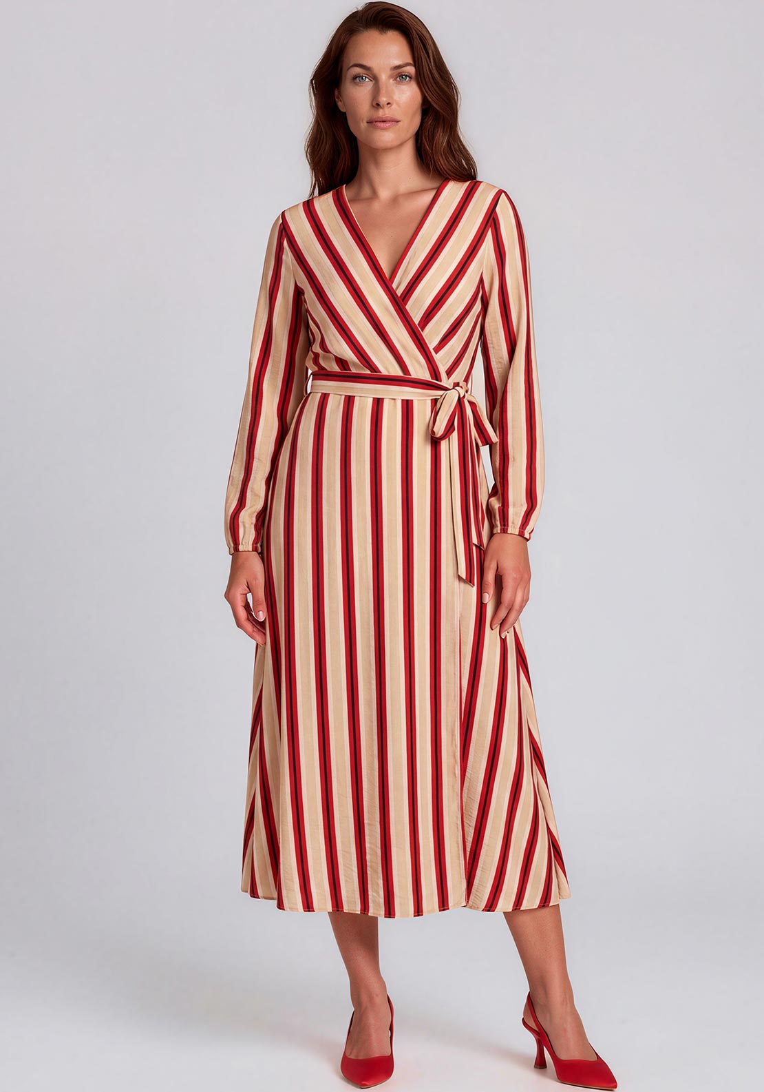Serafina Striped Wrap Cotton Maxi Dress, Red & Beige