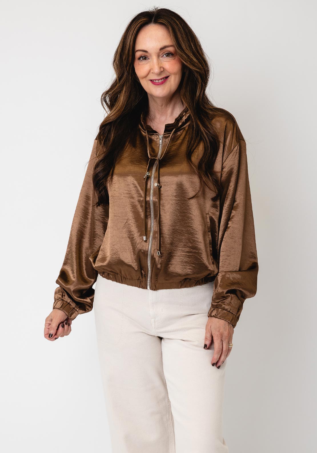 Serafina Collection Satin Tie Neck Jacket, Brown