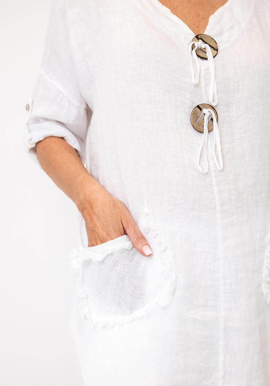 Serafina Linen with Pocket Detail Top, White