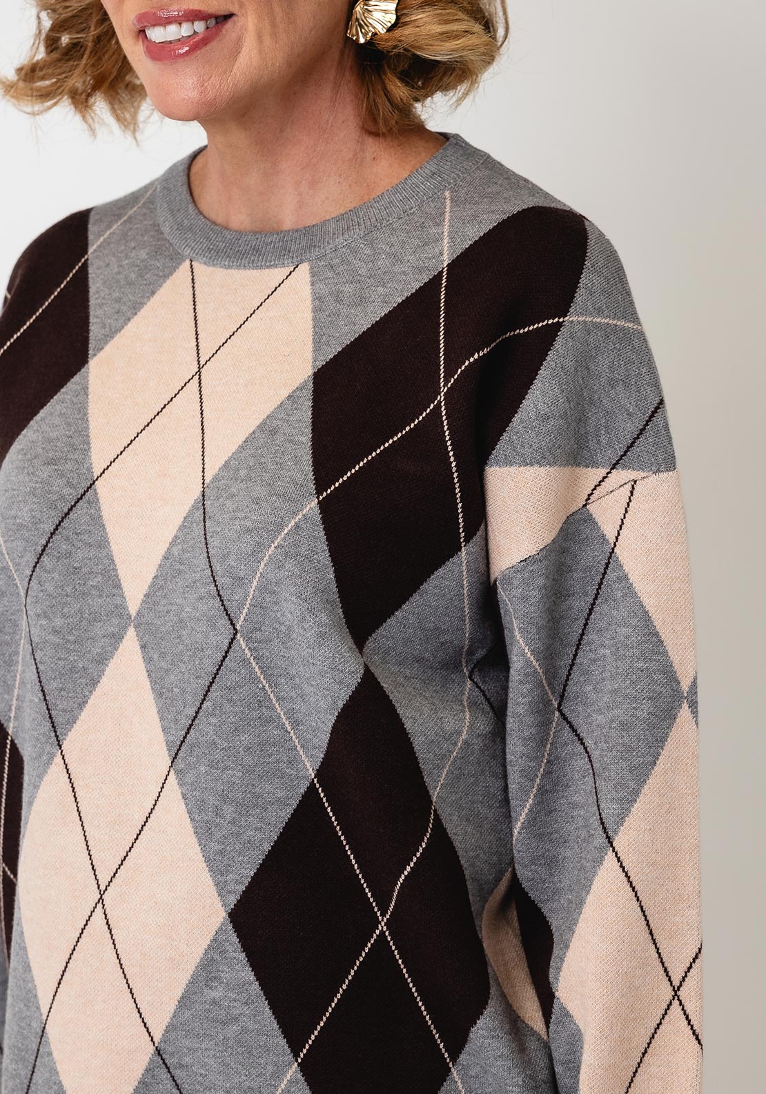Serafina Collection One Size Argyle Print Jumper, Grey Multi
