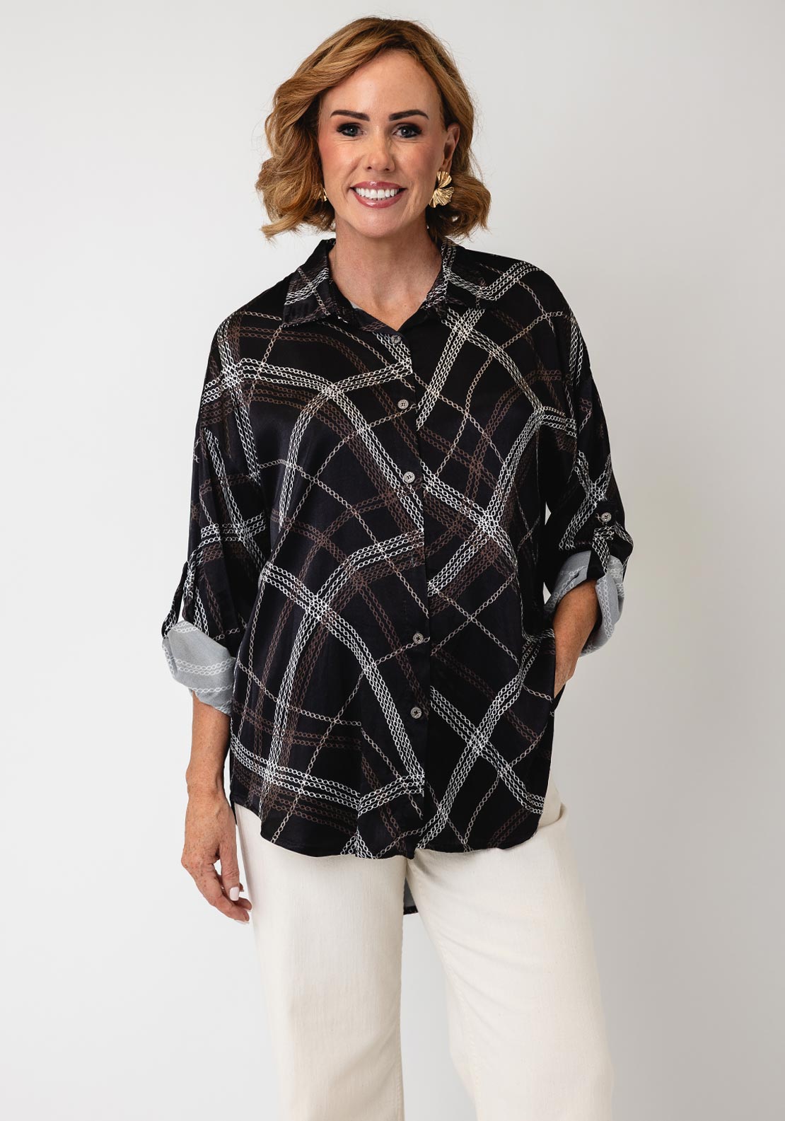 Serafina Collection One Size Chain Print with Embellished Buttons Shirt, Black Multi